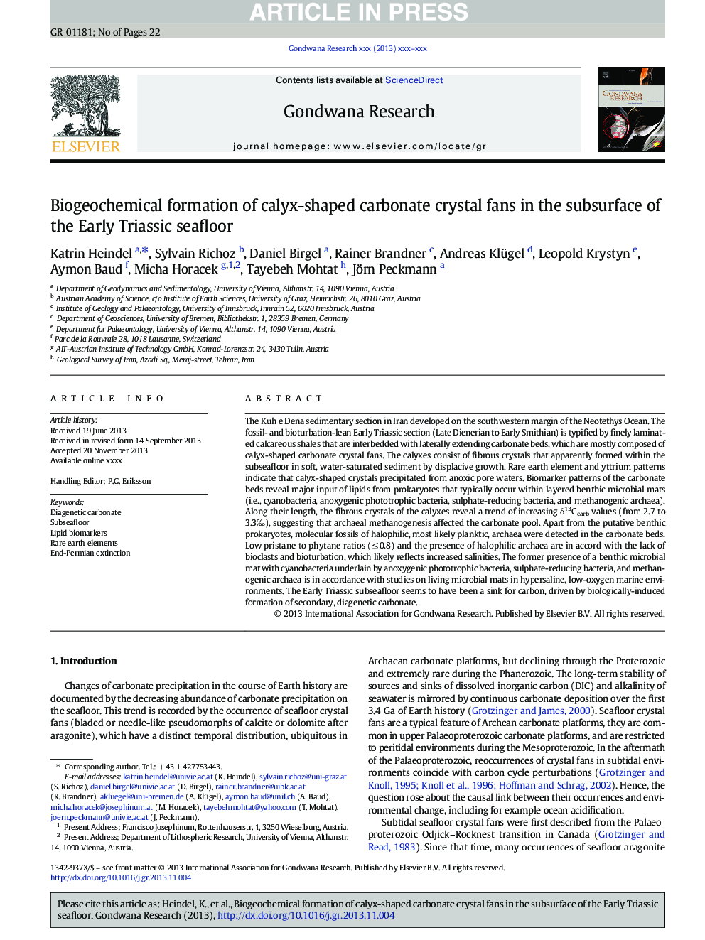 Biogeochemical formation of calyx-shaped carbonate crystal fans in the subsurface of the Early Triassic seafloor