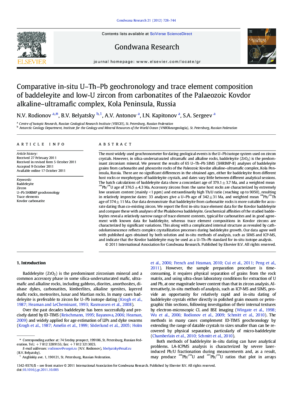 Comparative in-situ U-Th-Pb geochronology and trace element composition of baddeleyite and low-U zircon from carbonatites of the Palaeozoic Kovdor alkaline-ultramafic complex, Kola Peninsula, Russia