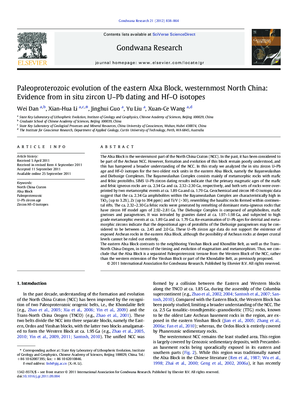 Paleoproterozoic evolution of the eastern Alxa Block, westernmost North China: Evidence from in situ zircon U-Pb dating and Hf-O isotopes