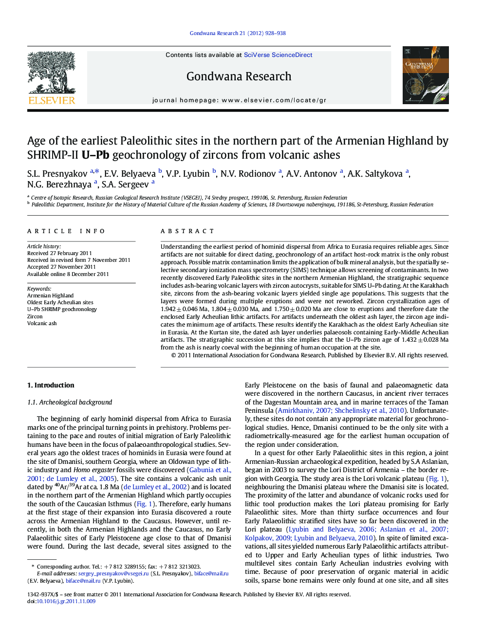 Age of the earliest Paleolithic sites in the northern part of the Armenian Highland by SHRIMP-II U-Pb geochronology of zircons from volcanic ashes