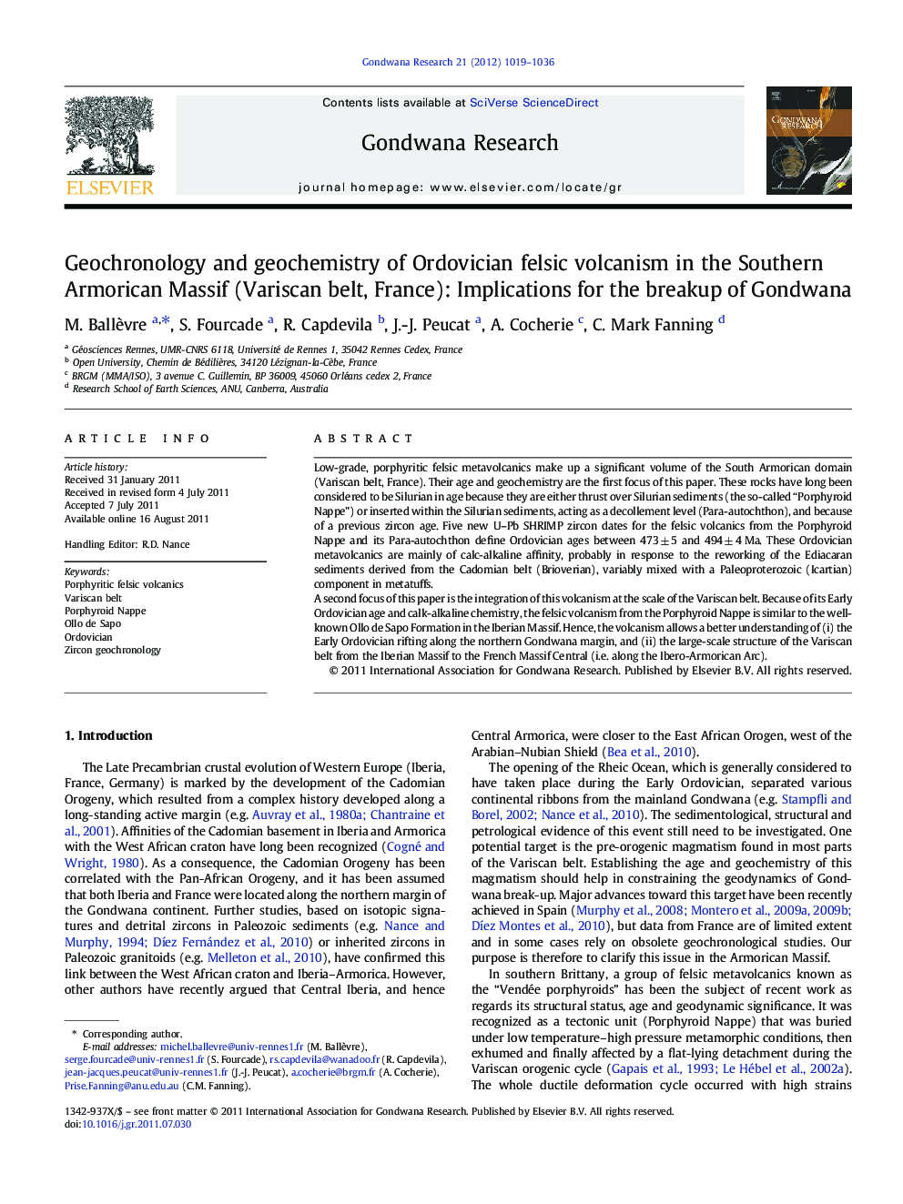 Geochronology and geochemistry of Ordovician felsic volcanism in the Southern Armorican Massif (Variscan belt, France): Implications for the breakup of Gondwana