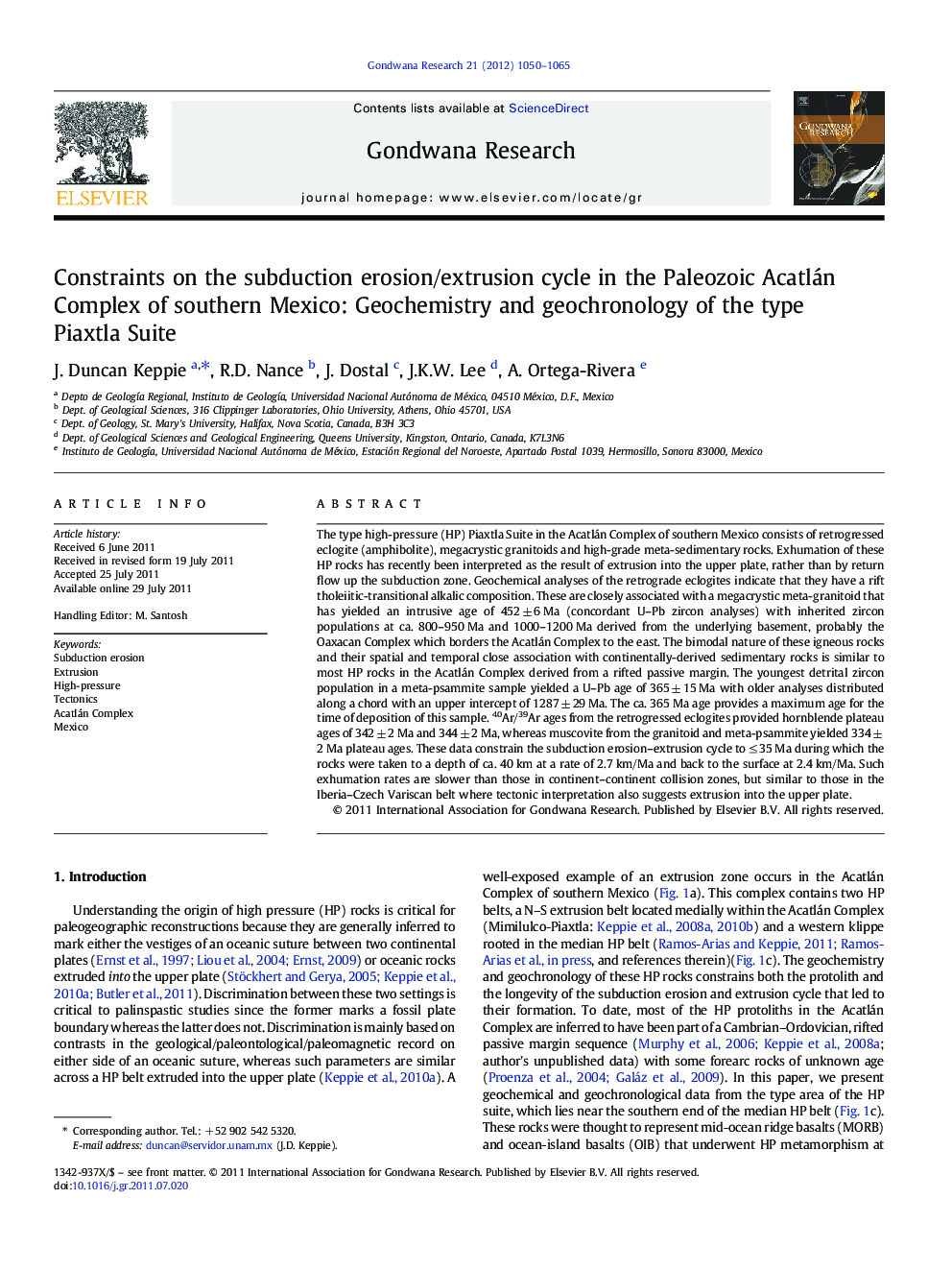 Constraints on the subduction erosion/extrusion cycle in the Paleozoic Acatlán Complex of southern Mexico: Geochemistry and geochronology of the type Piaxtla Suite