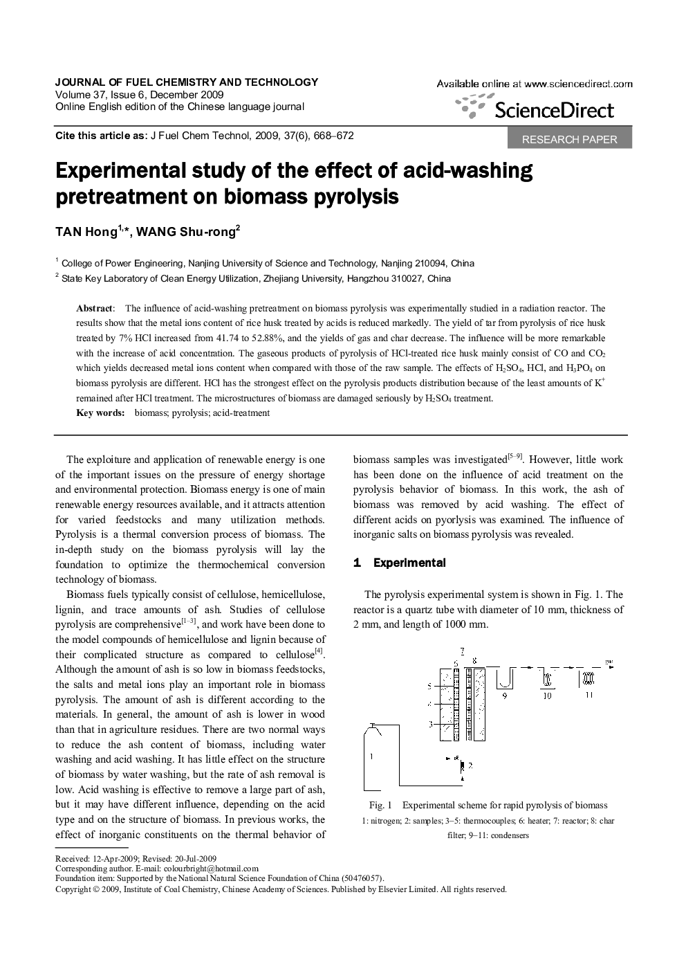 Experimental study of the effect of acid-washing pretreatment on biomass pyrolysis 