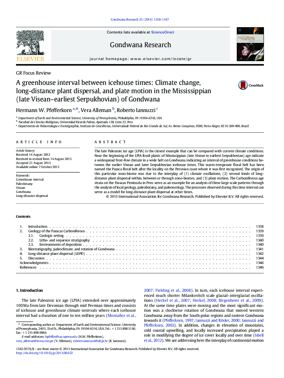 A greenhouse interval between icehouse times: Climate change, long-distance plant dispersal, and plate motion in the Mississippian (late Visean-earliest Serpukhovian) of Gondwana