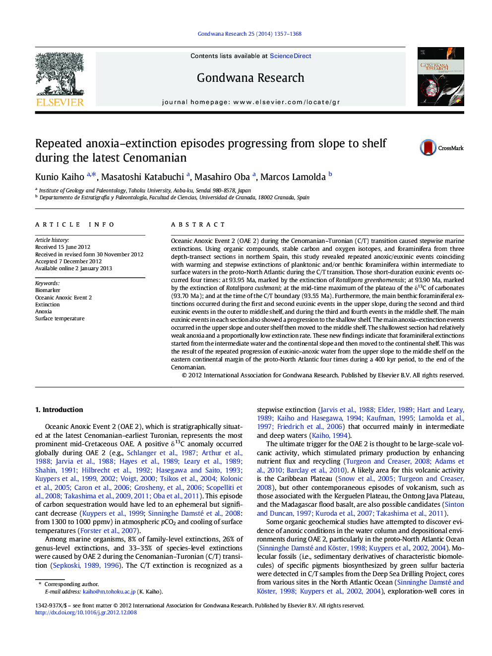 Repeated anoxia-extinction episodes progressing from slope to shelf during the latest Cenomanian