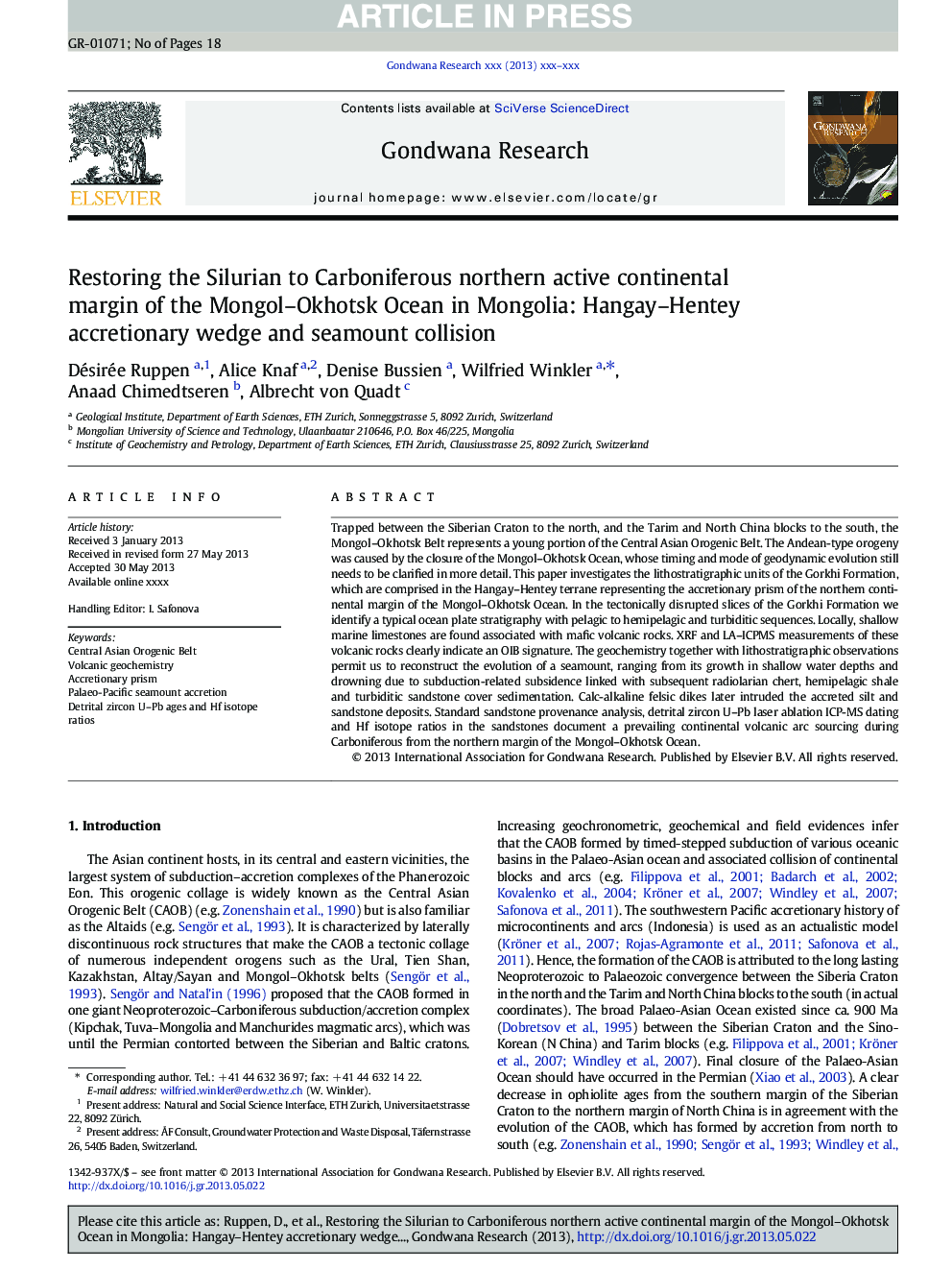 Restoring the Silurian to Carboniferous northern active continental margin of the Mongol-Okhotsk Ocean in Mongolia: Hangay-Hentey accretionary wedge and seamount collision