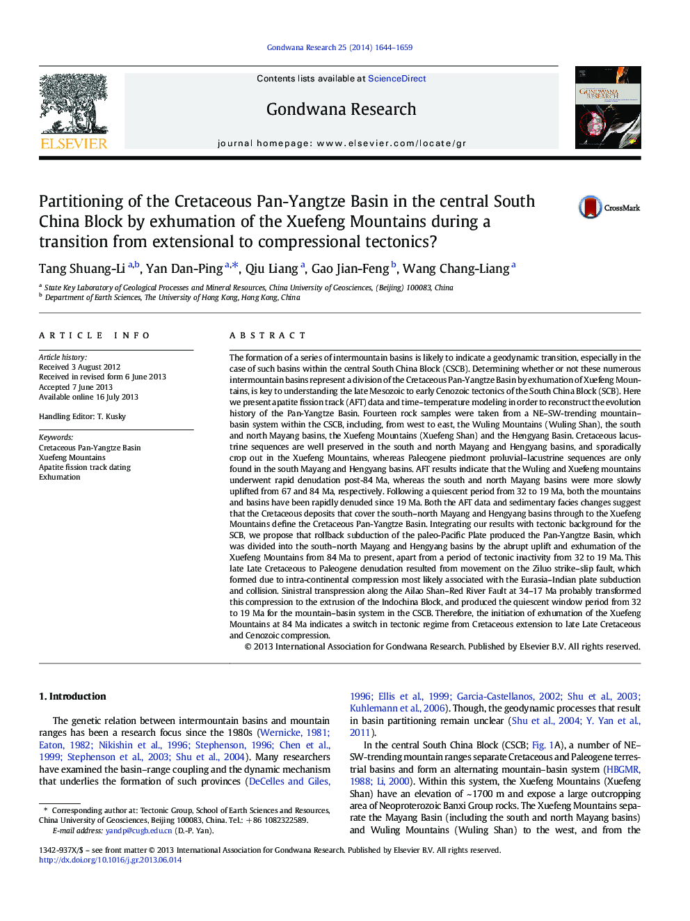 Partitioning of the Cretaceous Pan-Yangtze Basin in the central South China Block by exhumation of the Xuefeng Mountains during a transition from extensional to compressional tectonics?