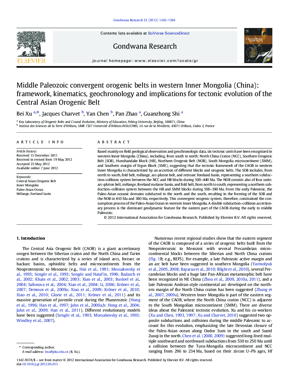 Middle Paleozoic convergent orogenic belts in western Inner Mongolia (China): framework, kinematics, geochronology and implications for tectonic evolution of the Central Asian Orogenic Belt