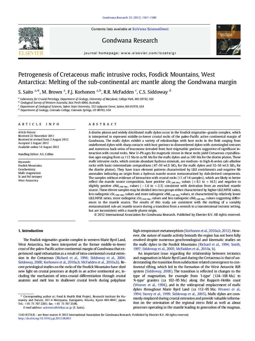 Petrogenesis of Cretaceous mafic intrusive rocks, Fosdick Mountains, West Antarctica: Melting of the sub-continental arc mantle along the Gondwana margin