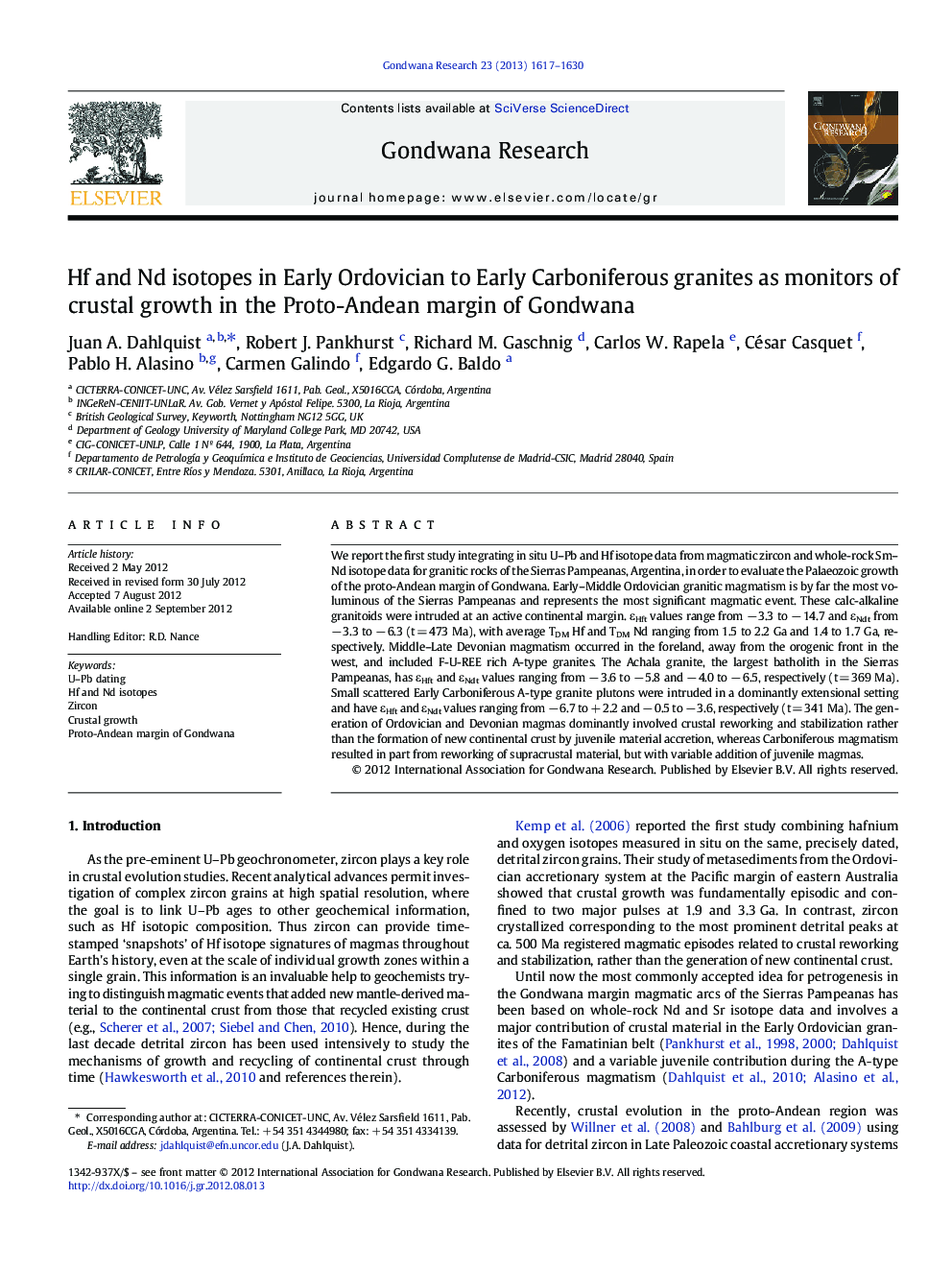 Hf and Nd isotopes in Early Ordovician to Early Carboniferous granites as monitors of crustal growth in the Proto-Andean margin of Gondwana