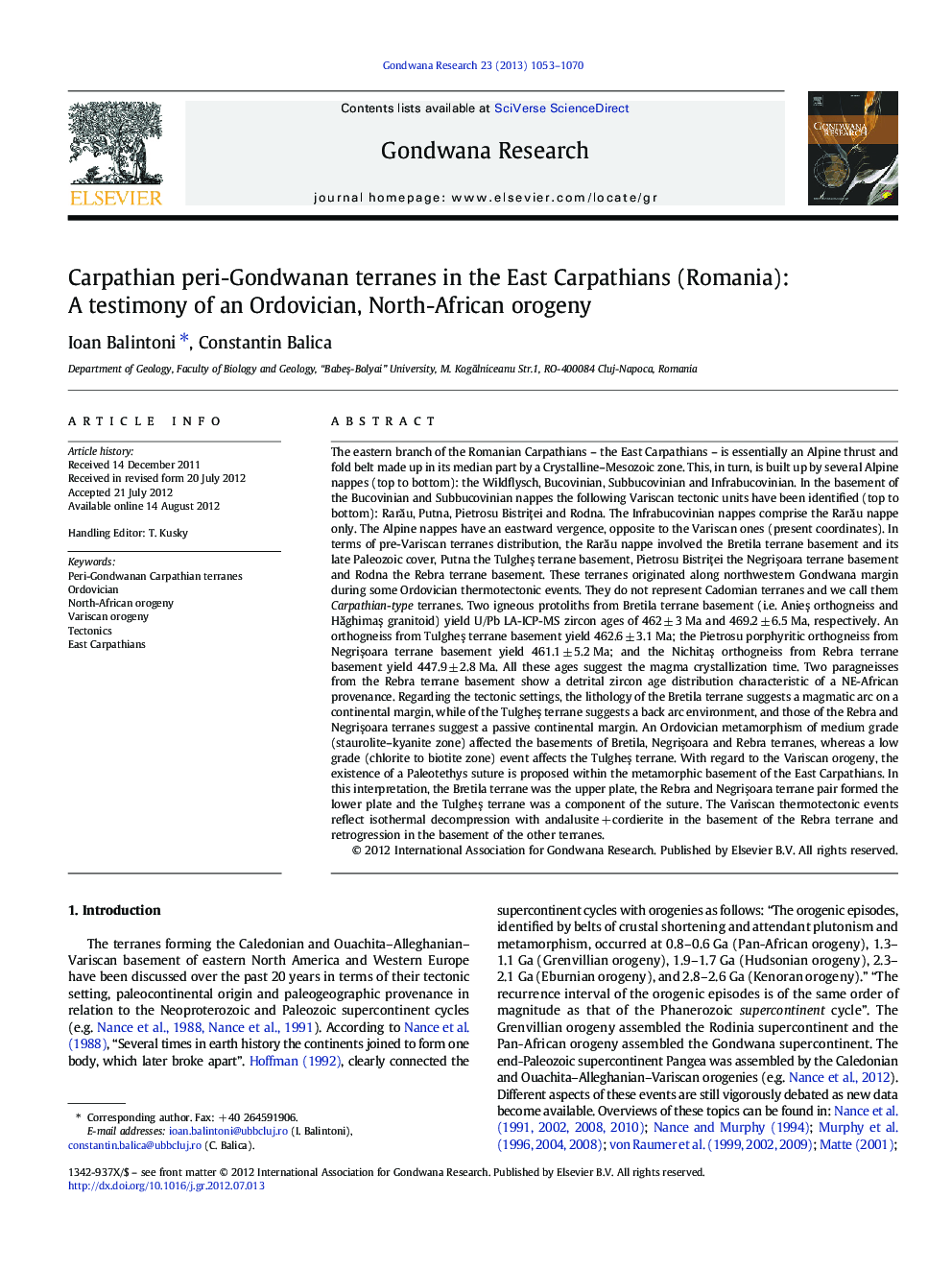 Carpathian peri-Gondwanan terranes in the East Carpathians (Romania): A testimony of an Ordovician, North-African orogeny