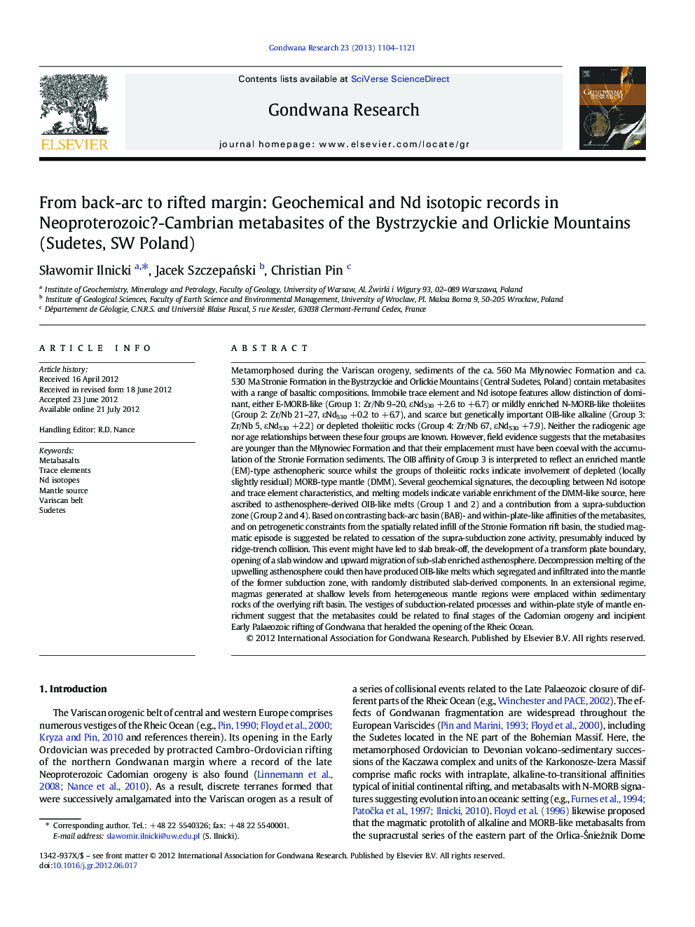 From back-arc to rifted margin: Geochemical and Nd isotopic records in Neoproterozoic?-Cambrian metabasites of the Bystrzyckie and Orlickie Mountains (Sudetes, SW Poland)