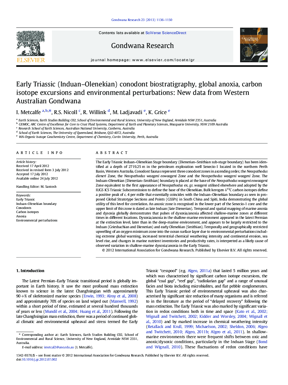 Early Triassic (Induan-Olenekian) conodont biostratigraphy, global anoxia, carbon isotope excursions and environmental perturbations: New data from Western Australian Gondwana
