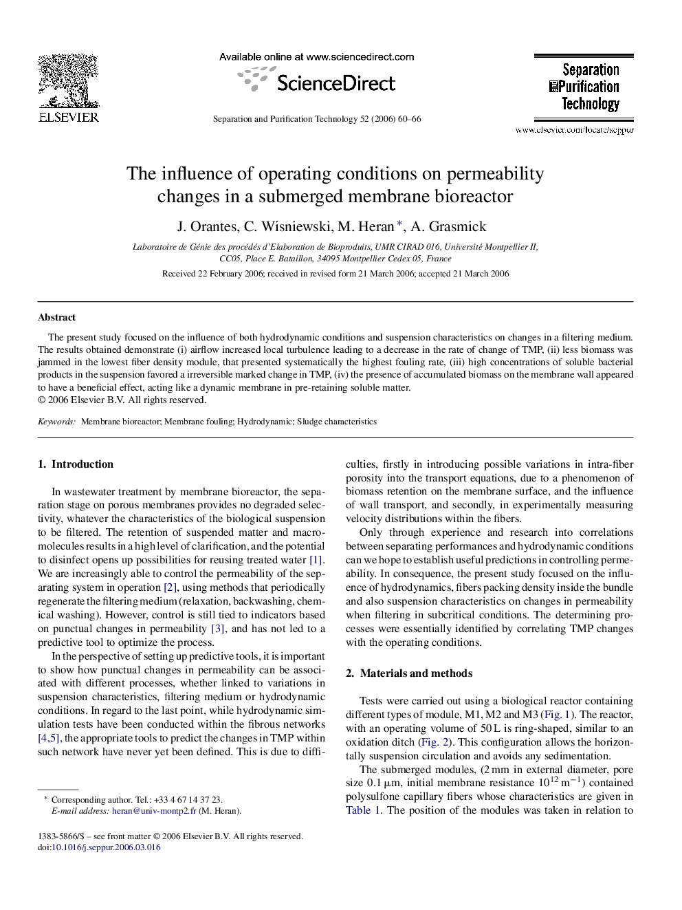 The influence of operating conditions on permeability changes in a submerged membrane bioreactor