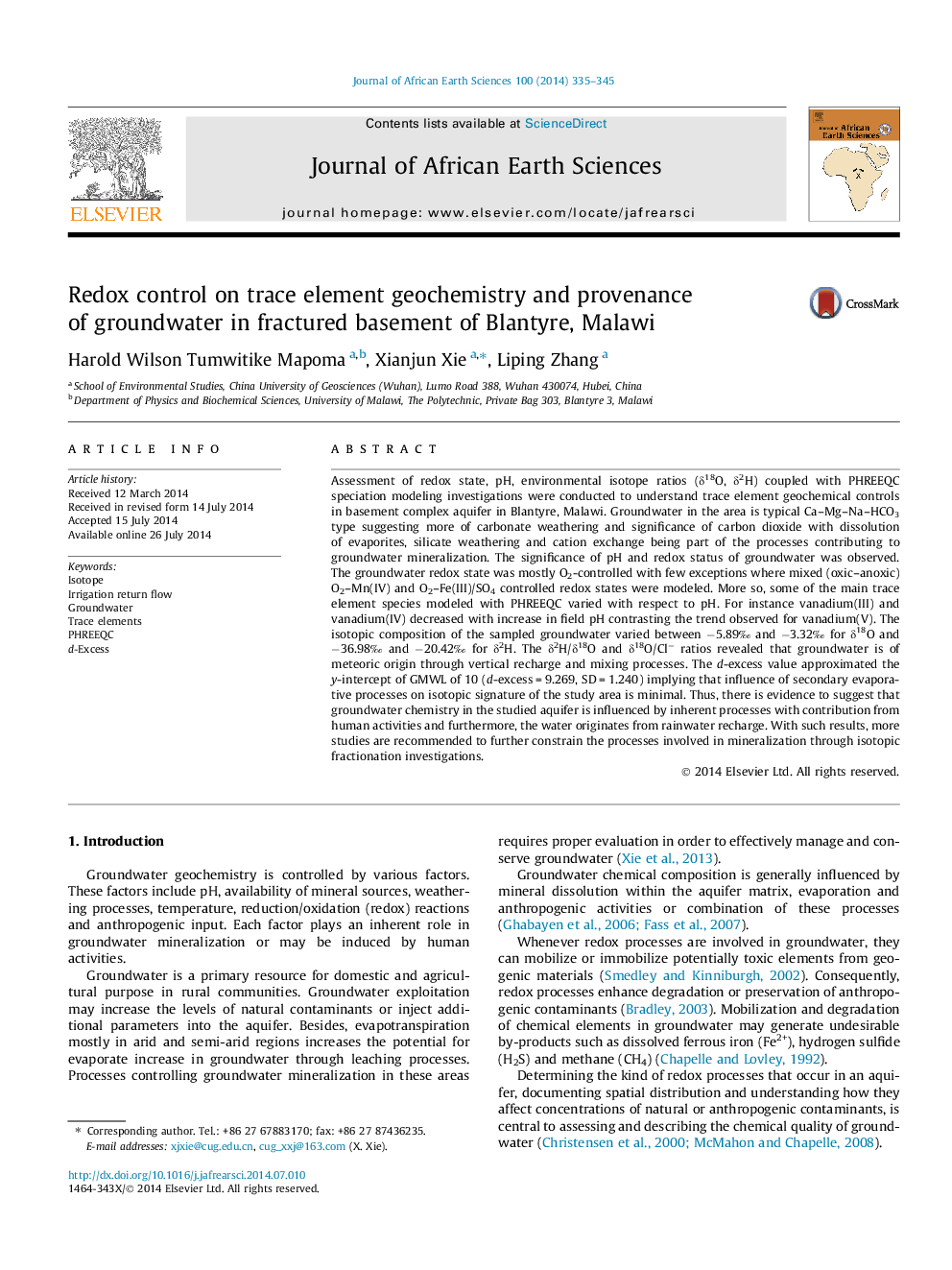 Redox control on trace element geochemistry and provenance of groundwater in fractured basement of Blantyre, Malawi