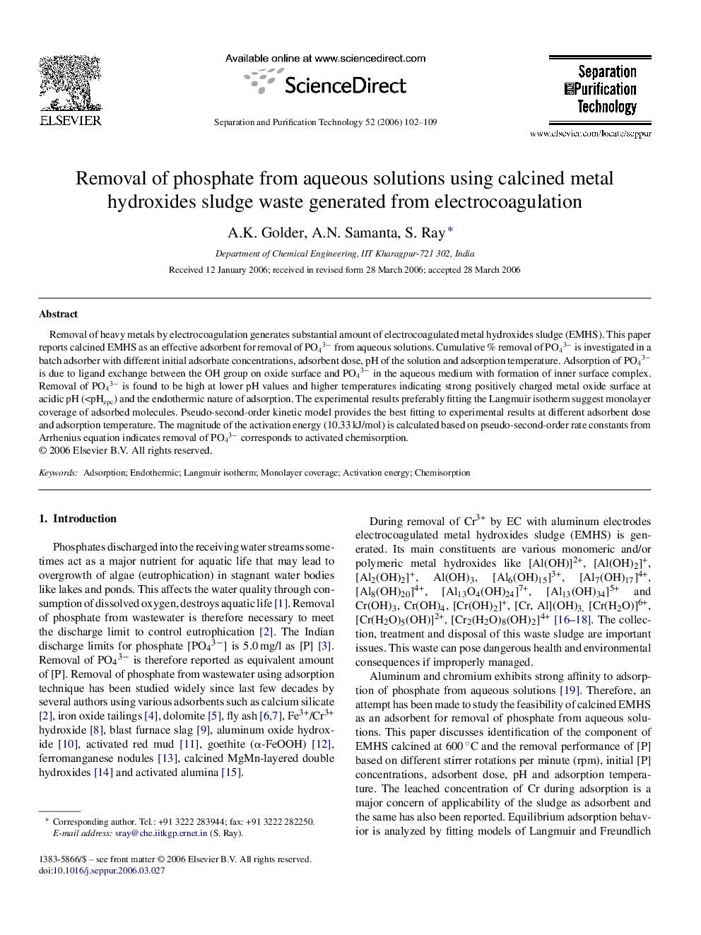 Removal of phosphate from aqueous solutions using calcined metal hydroxides sludge waste generated from electrocoagulation