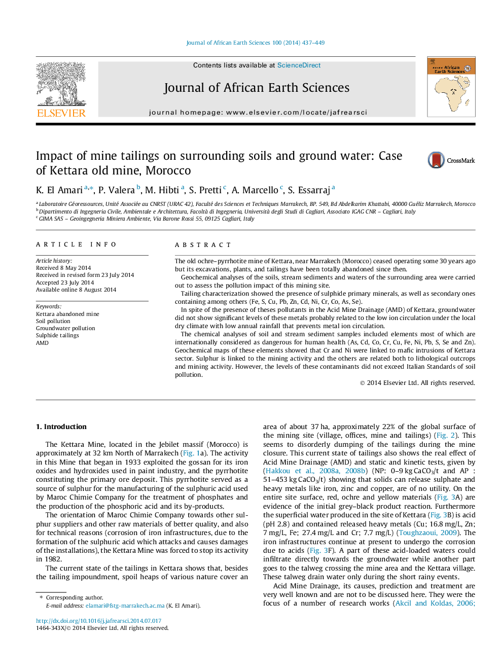 Impact of mine tailings on surrounding soils and ground water: Case of Kettara old mine, Morocco