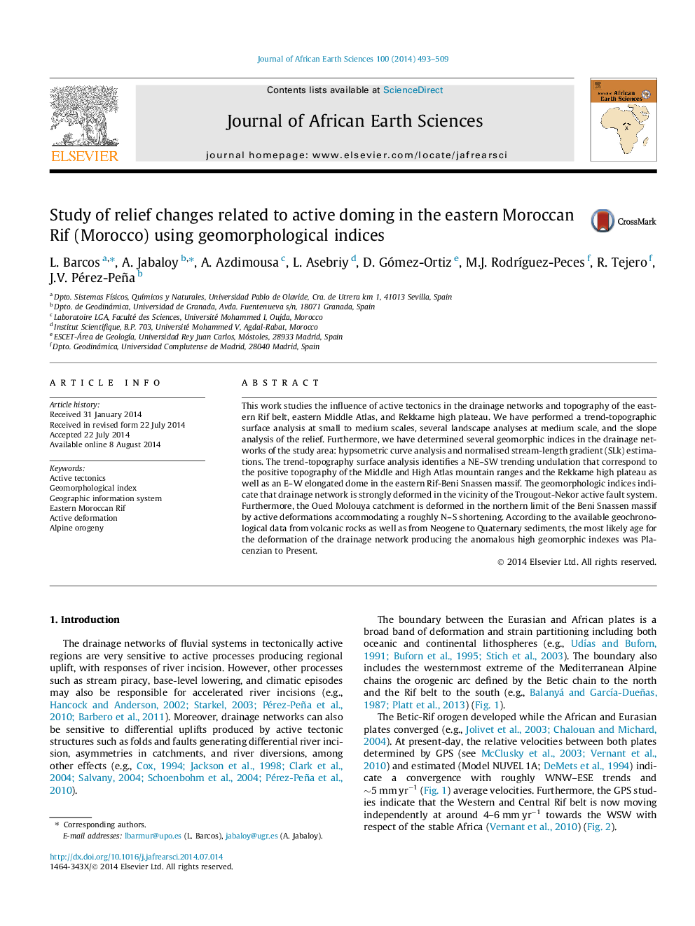 Study of relief changes related to active doming in the eastern Moroccan Rif (Morocco) using geomorphological indices