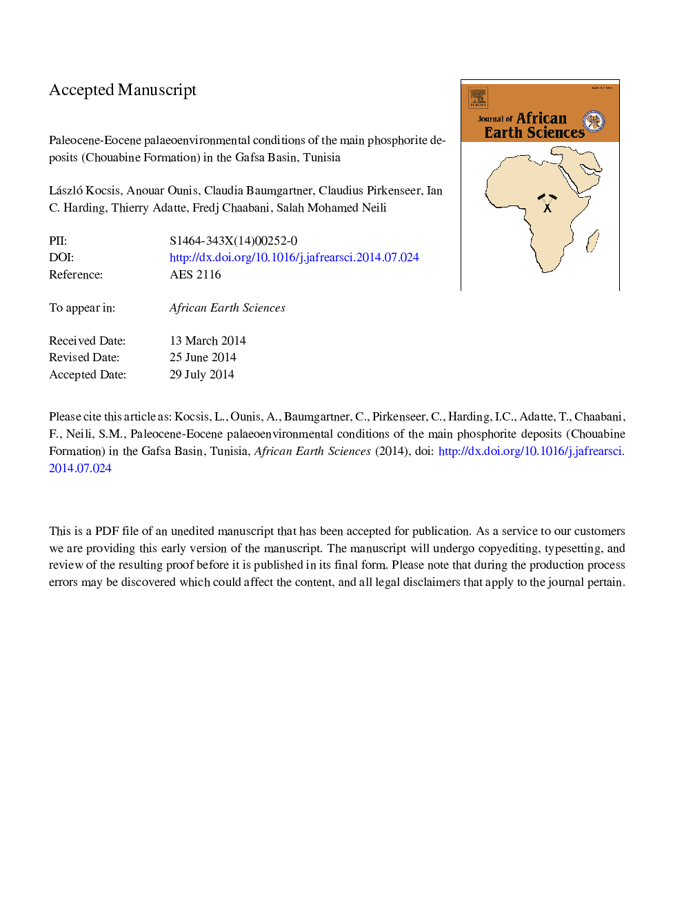 Paleocene-Eocene palaeoenvironmental conditions of the main phosphorite deposits (Chouabine Formation) in the Gafsa Basin, Tunisia