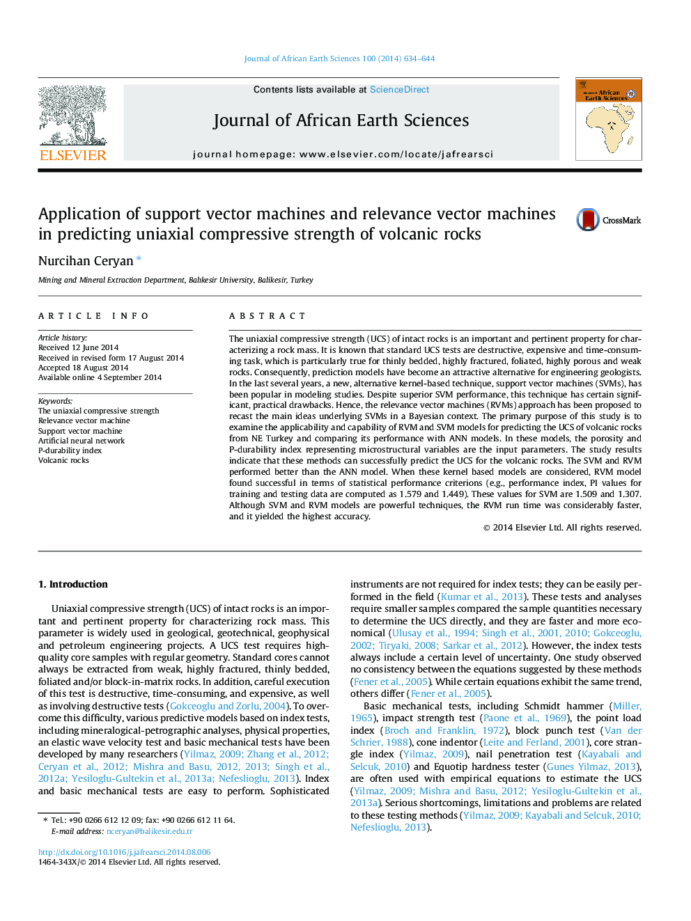 Application of support vector machines and relevance vector machines in predicting uniaxial compressive strength of volcanic rocks