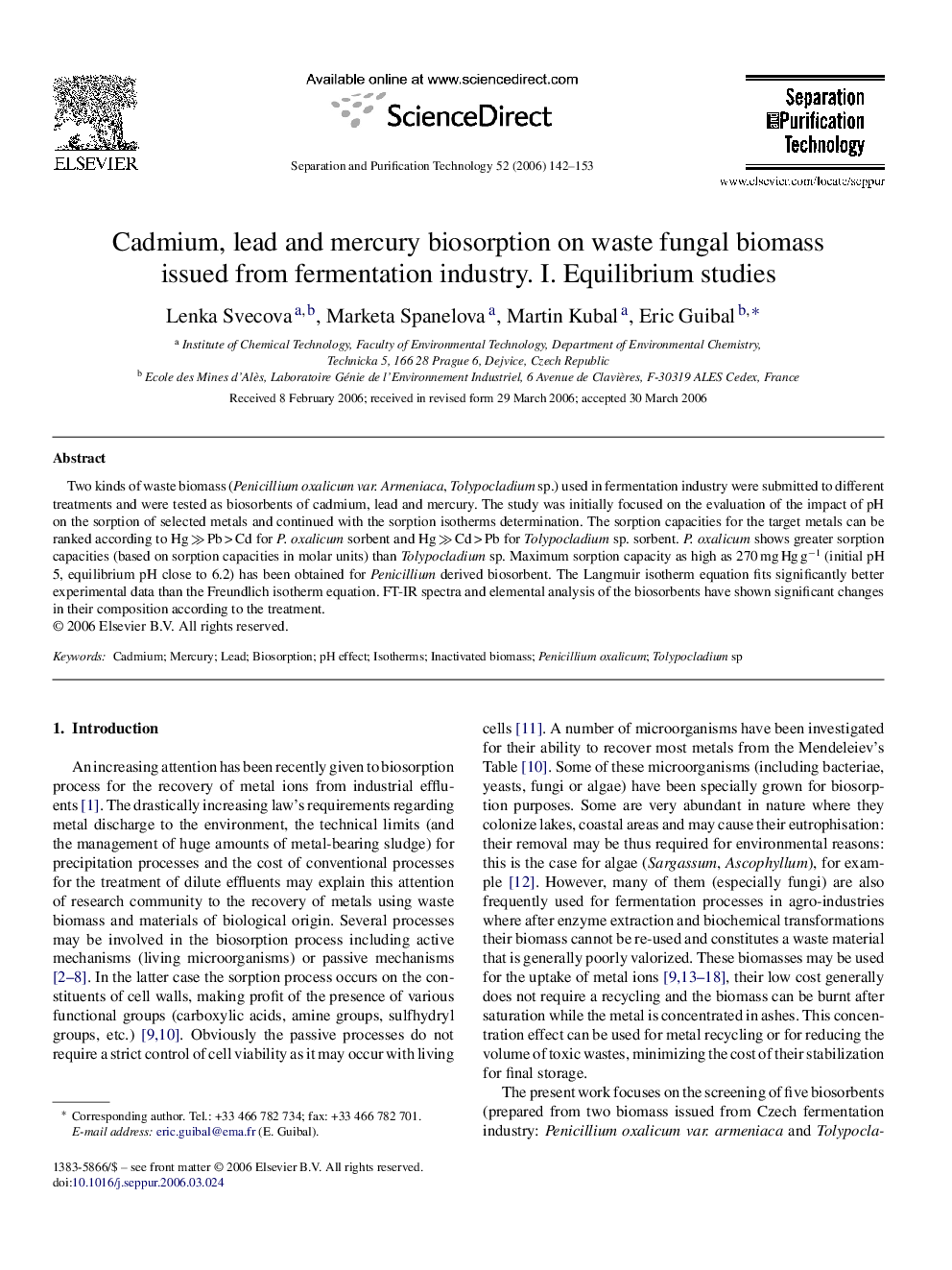 Cadmium, lead and mercury biosorption on waste fungal biomass issued from fermentation industry. I. Equilibrium studies