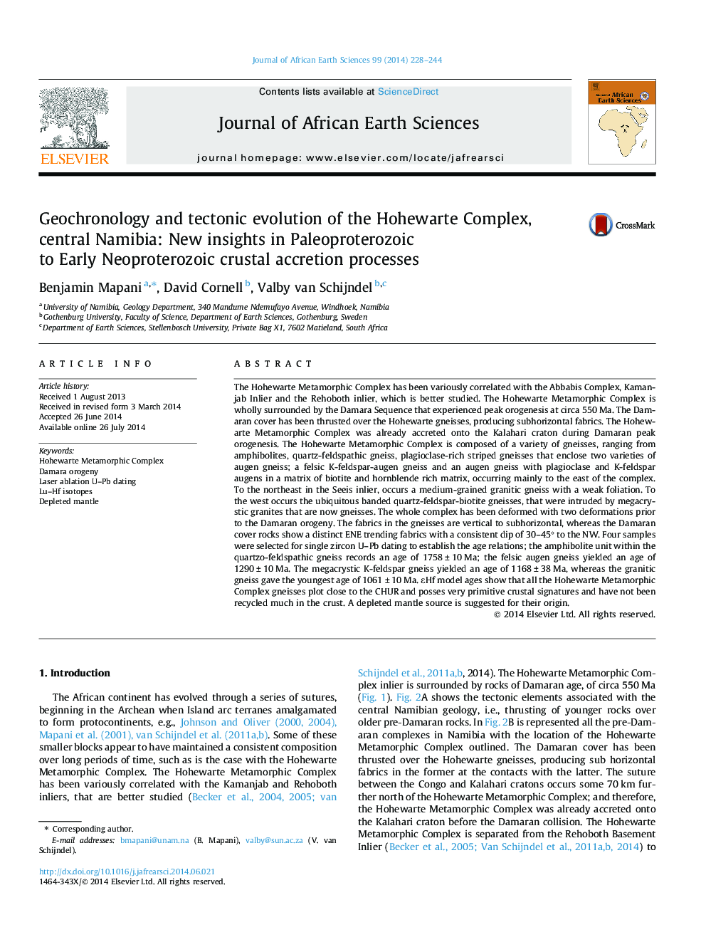 Geochronology and tectonic evolution of the Hohewarte Complex, central Namibia: New insights in Paleoproterozoic to Early Neoproterozoic crustal accretion processes