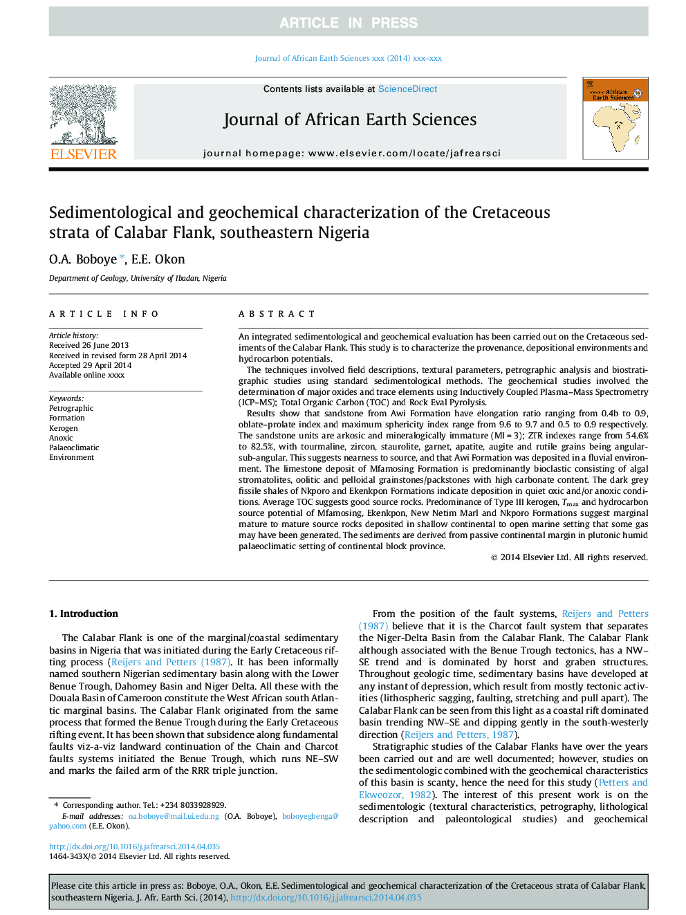 Sedimentological and geochemical characterization of the Cretaceous strata of Calabar Flank, southeastern Nigeria