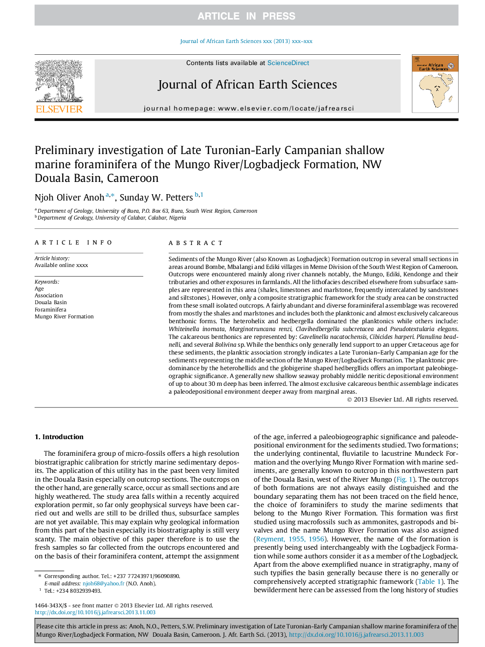 Preliminary investigation of Late Turonian-Early Campanian shallow marine foraminifera of the Mungo River/Logbadjeck Formation, NW Douala Basin, Cameroon