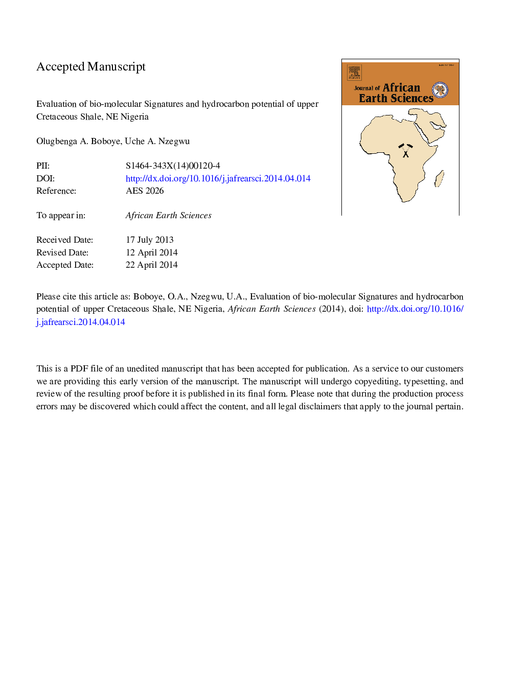 Evaluation of bio-molecular signatures and hydrocarbon potential of upper Cretaceous shale, NE Nigeria