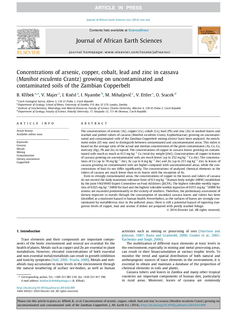 Concentrations of arsenic, copper, cobalt, lead and zinc in cassava (Manihot esculenta Crantz) growing on uncontaminated and contaminated soils of the Zambian Copperbelt