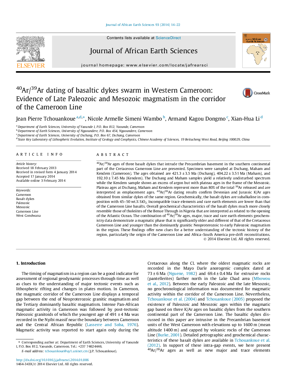 40Ar/39Ar dating of basaltic dykes swarm in Western Cameroon: Evidence of Late Paleozoic and Mesozoic magmatism in the corridor of the Cameroon Line