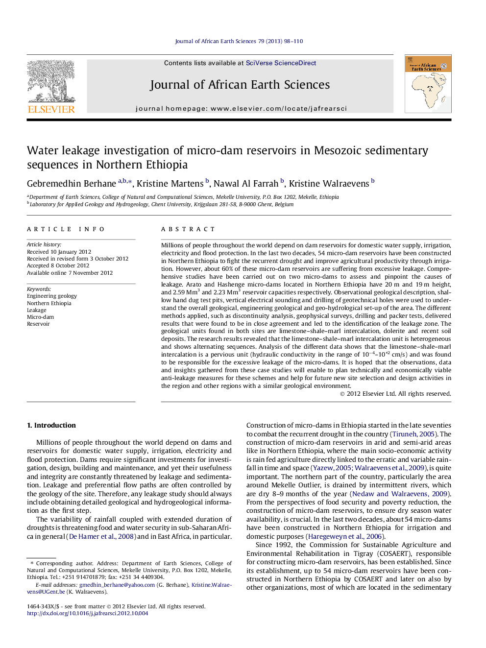 Water leakage investigation of micro-dam reservoirs in Mesozoic sedimentary sequences in Northern Ethiopia