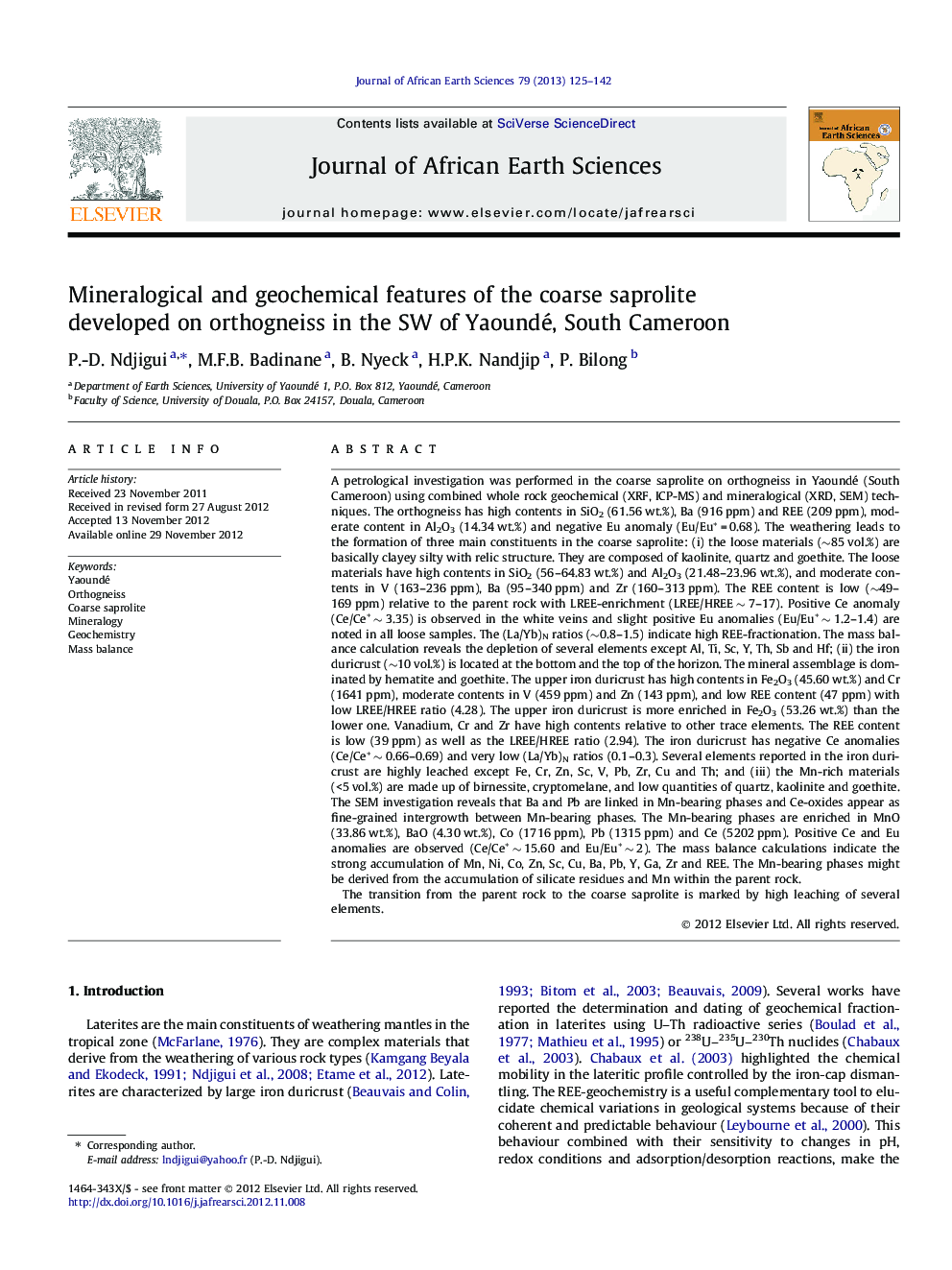 Mineralogical and geochemical features of the coarse saprolite developed on orthogneiss in the SW of Yaoundé, South Cameroon