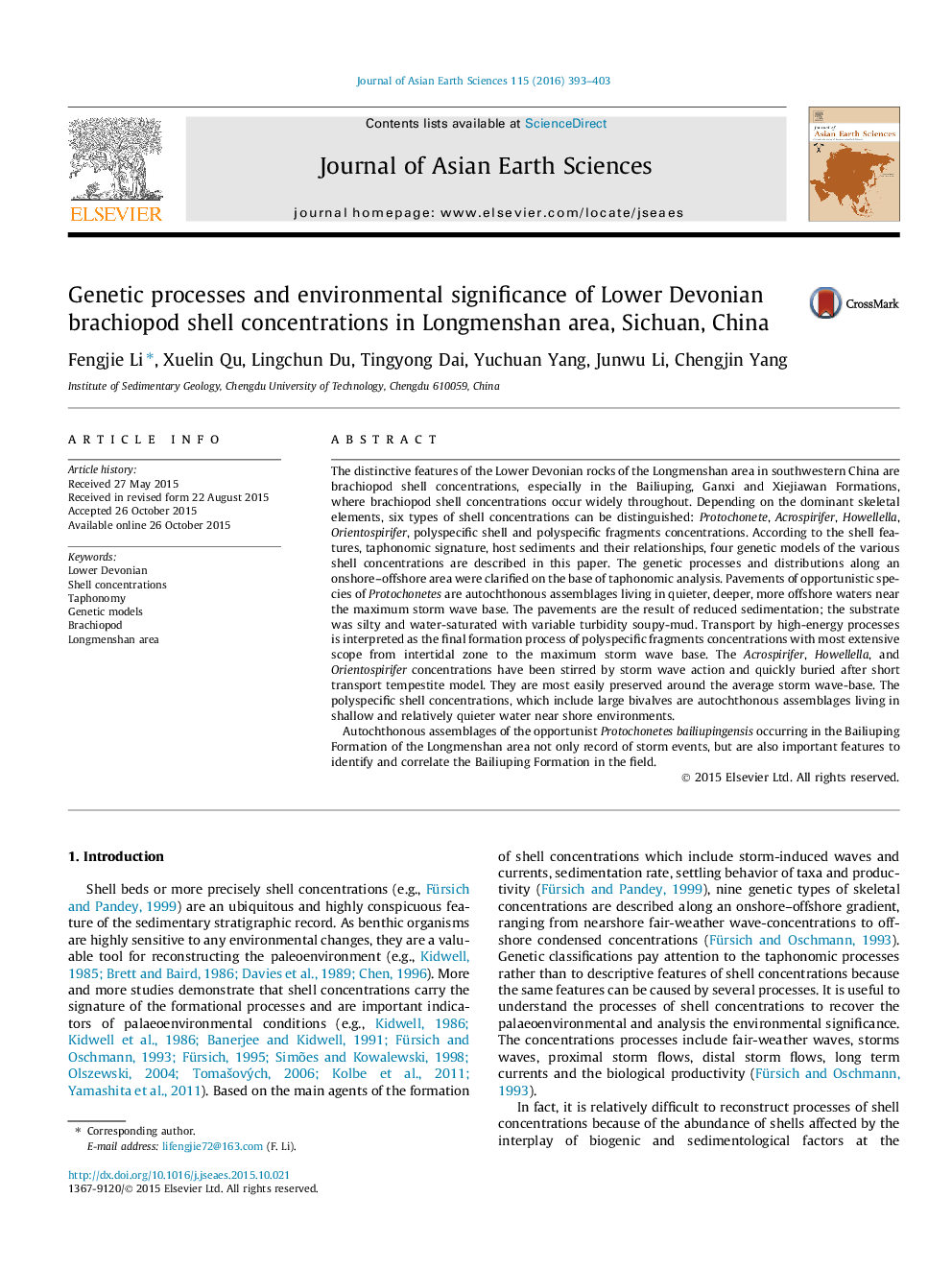 Genetic processes and environmental significance of Lower Devonian brachiopod shell concentrations in Longmenshan area, Sichuan, China