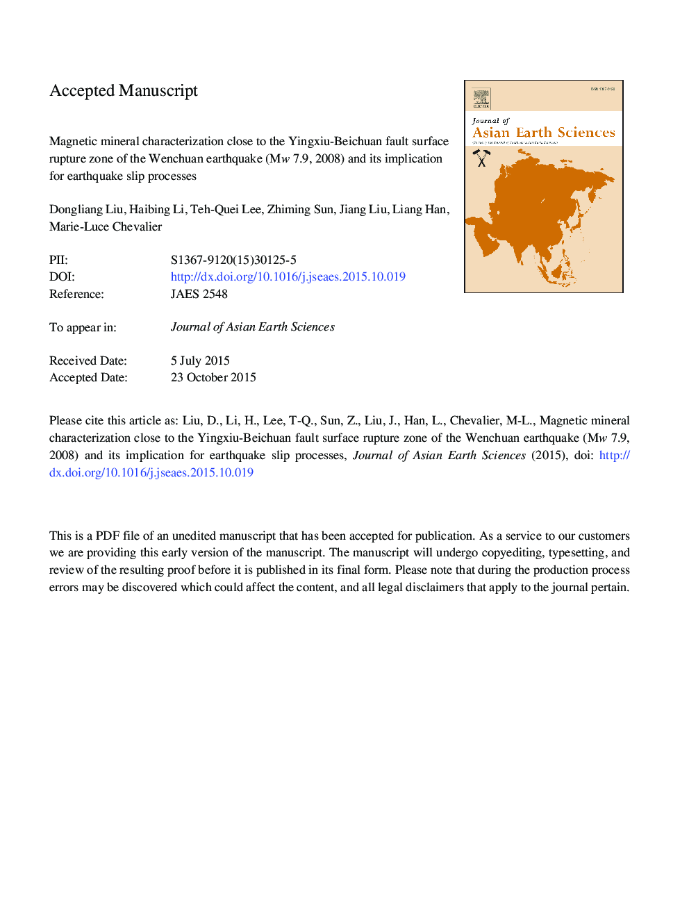 Magnetic mineral characterization close to the Yingxiu-Beichuan fault surface rupture zone of the Wenchuan earthquake (Mw 7.9, 2008) and its implication for earthquake slip processes