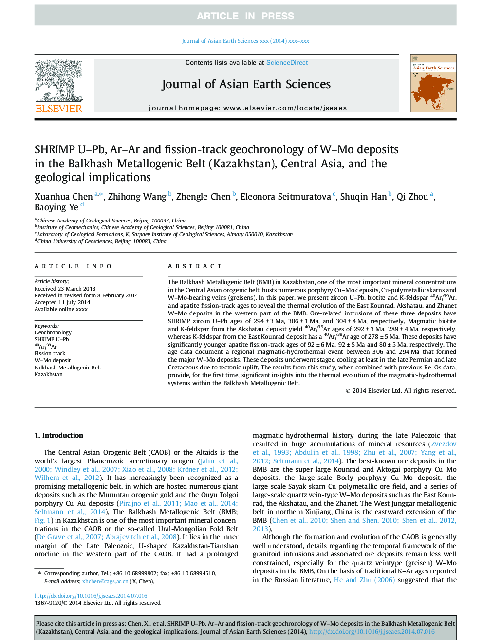 SHRIMP U-Pb, Ar-Ar and fission-track geochronology of W-Mo deposits in the Balkhash Metallogenic Belt (Kazakhstan), Central Asia, and the geological implications