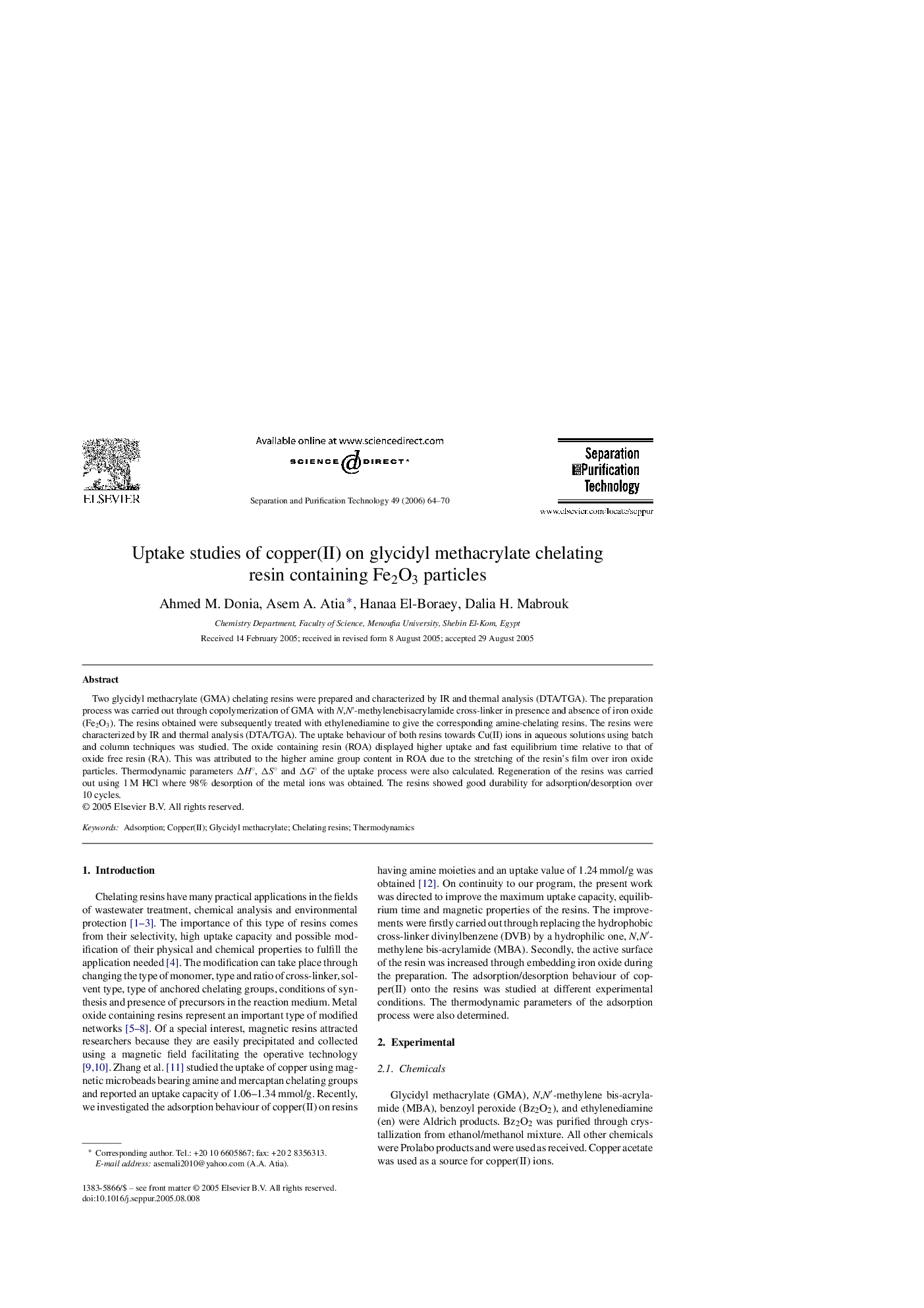 Uptake studies of copper(II) on glycidyl methacrylate chelating resin containing Fe2O3 particles