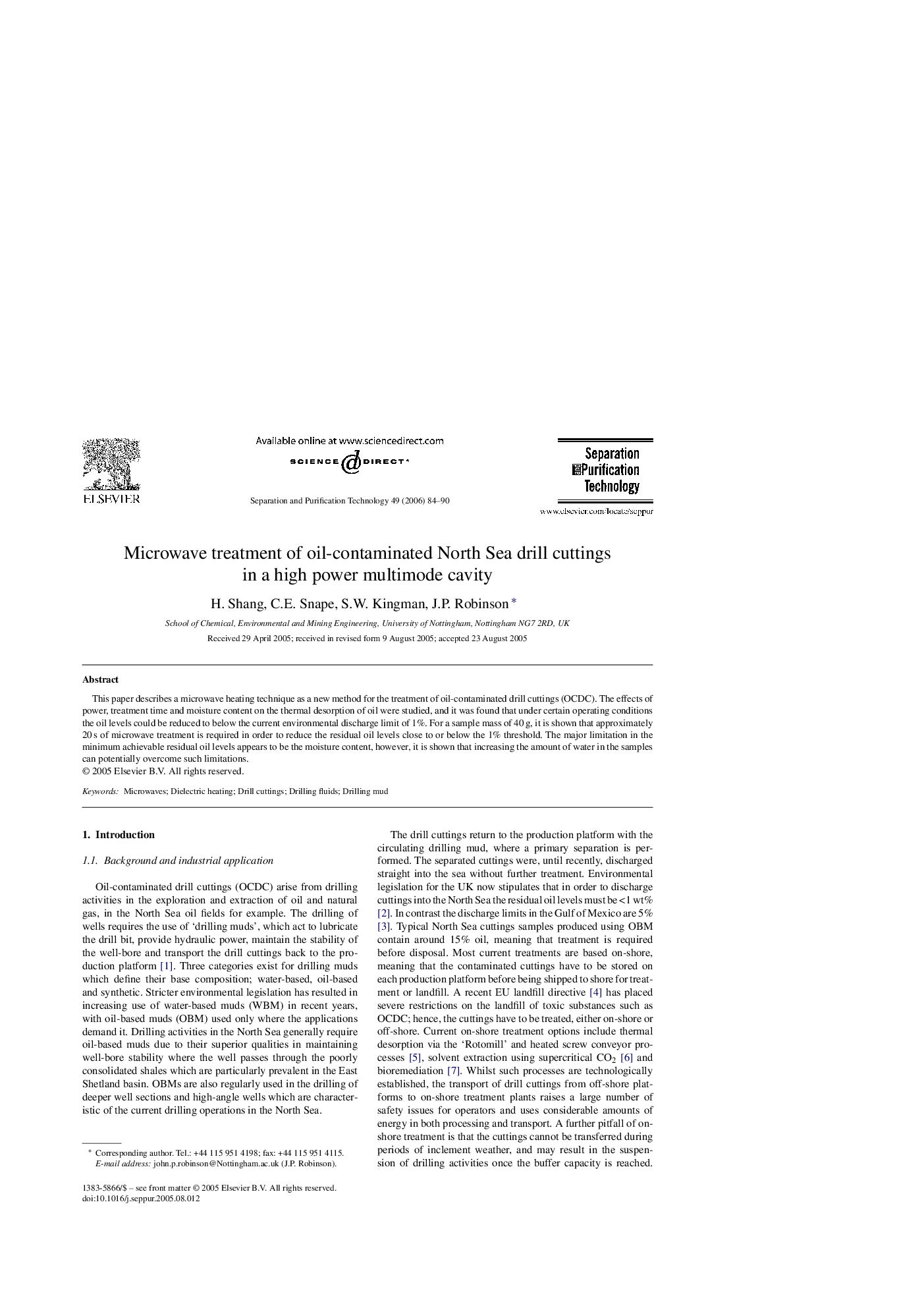 Microwave treatment of oil-contaminated North Sea drill cuttings in a high power multimode cavity