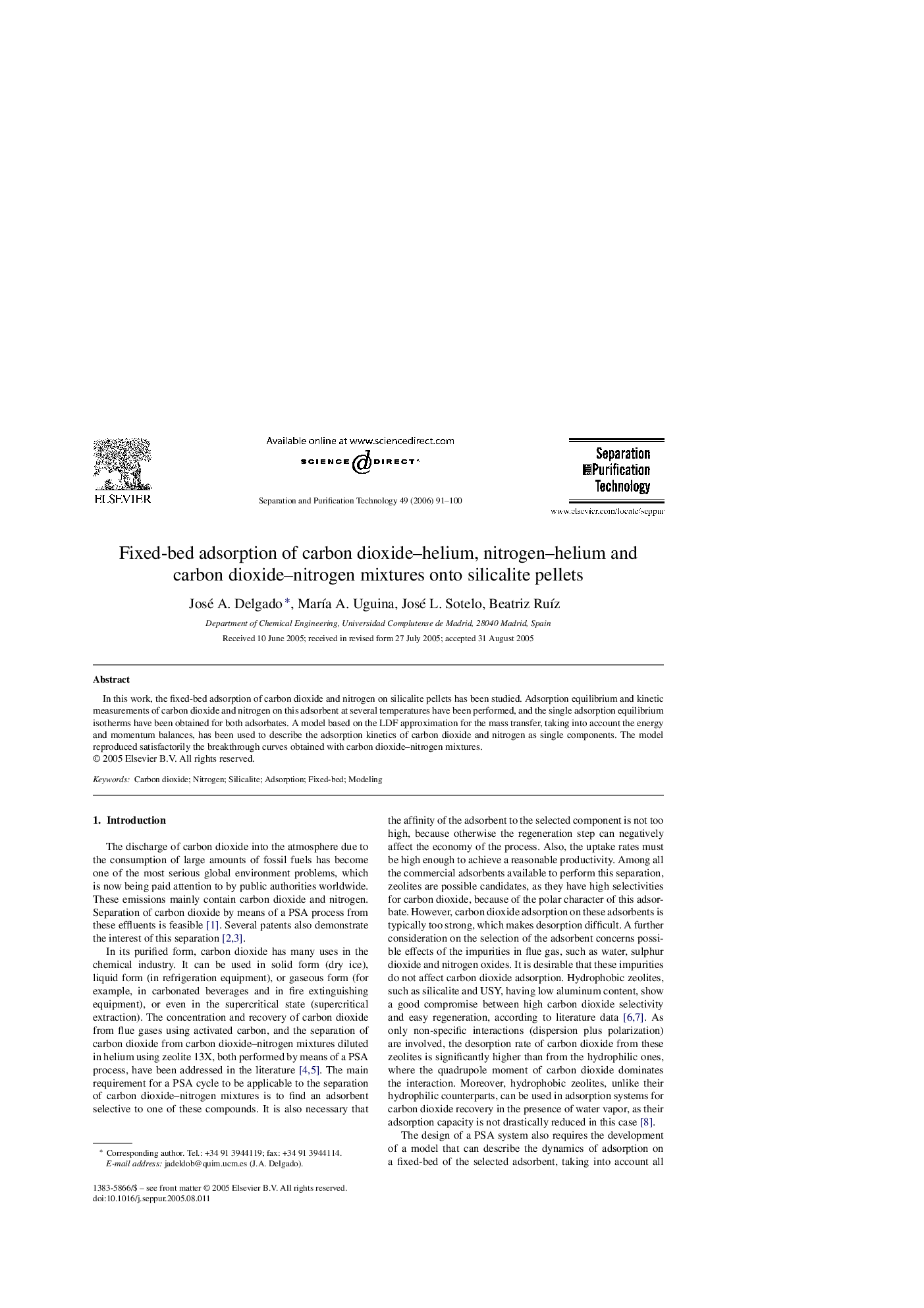 Fixed-bed adsorption of carbon dioxide–helium, nitrogen–helium and carbon dioxide–nitrogen mixtures onto silicalite pellets