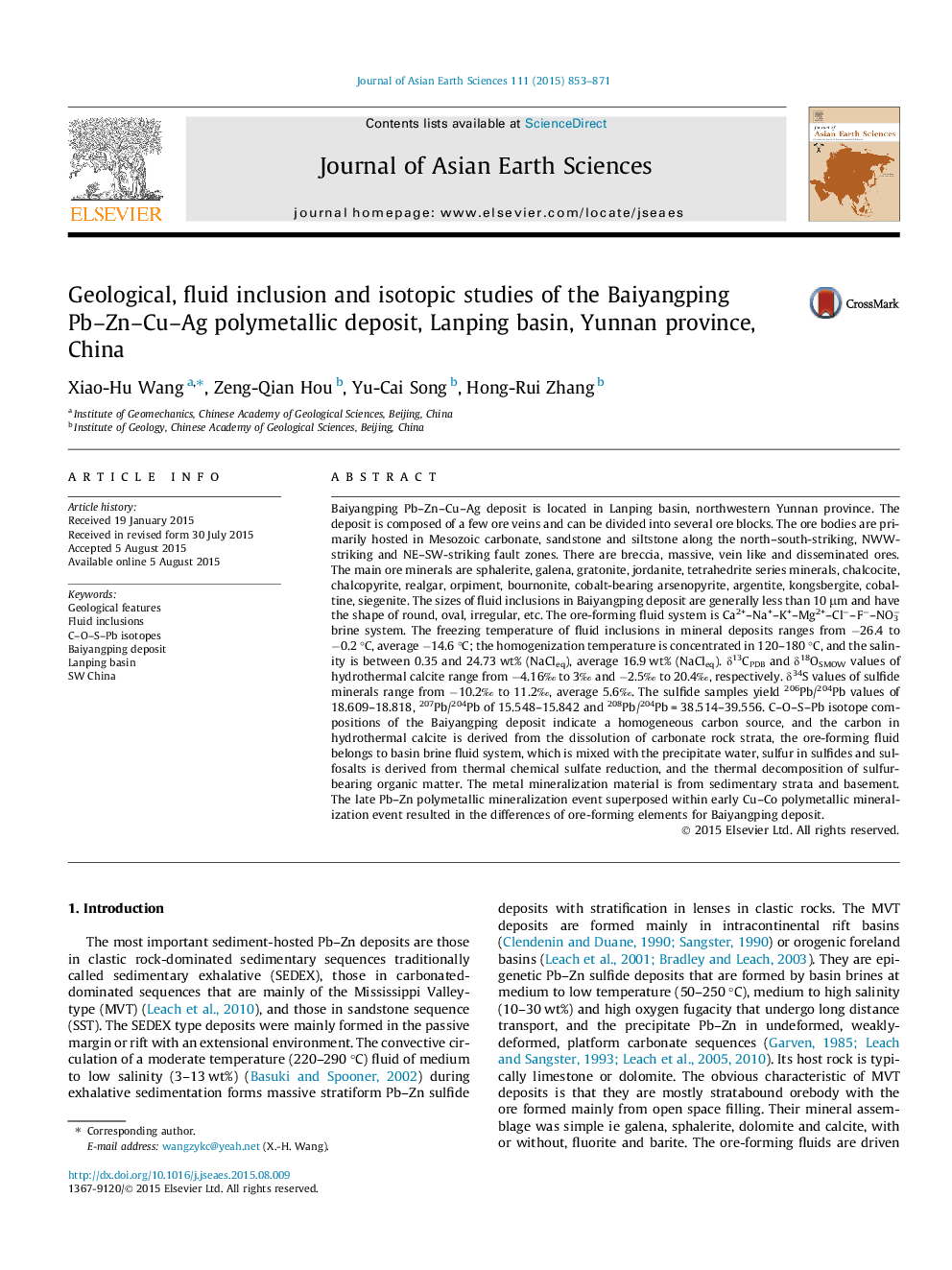 Geological, fluid inclusion and isotopic studies of the Baiyangping Pb-Zn-Cu-Ag polymetallic deposit, Lanping basin, Yunnan province, China