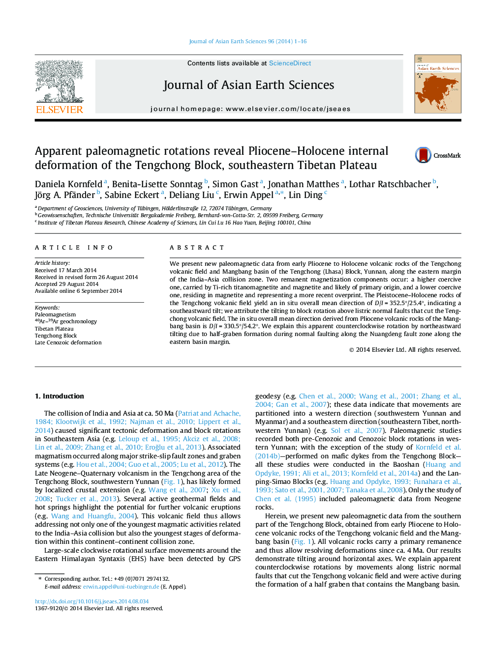 Apparent paleomagnetic rotations reveal Pliocene-Holocene internal deformation of the Tengchong Block, southeastern Tibetan Plateau