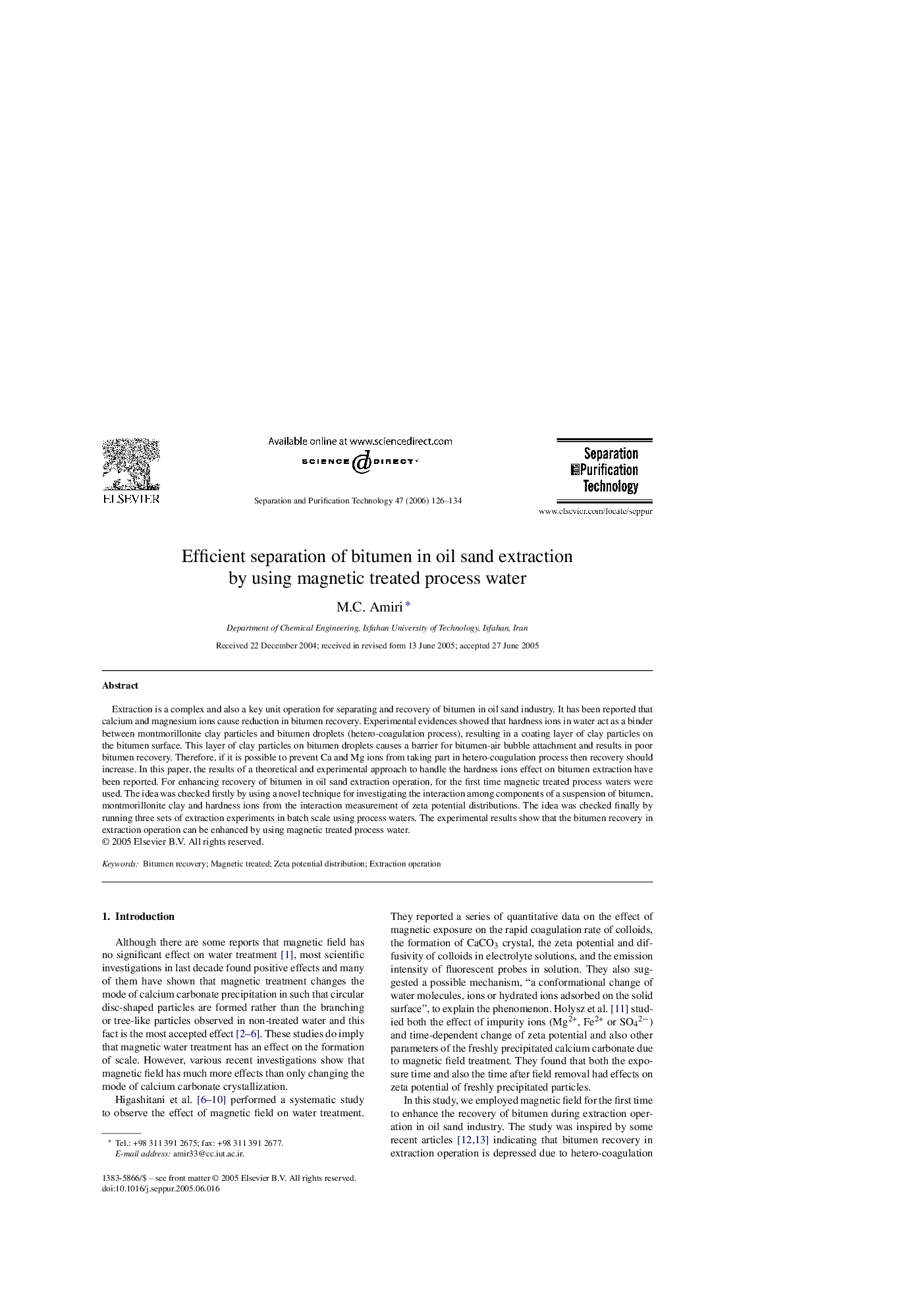 عکس صفحه اول مقاله: Efficient separation of bitumen in oil sand extraction by using magnetic treated process water Efficient separation of bitumen in oil sand extraction by using magnetic treated process water