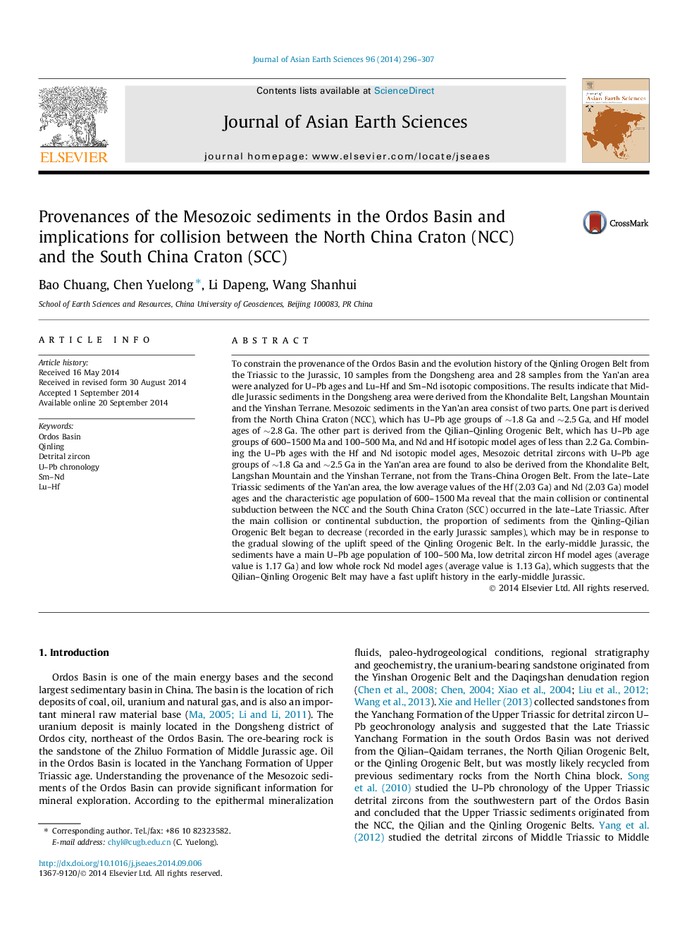 Provenances of the Mesozoic sediments in the Ordos Basin and implications for collision between the North China Craton (NCC) and the South China Craton (SCC)