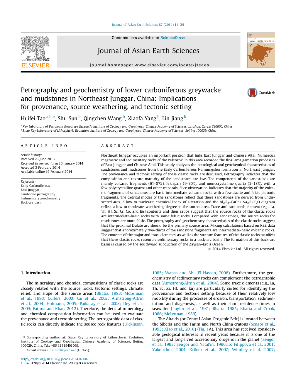 عکس صفحه اول مقاله: Petrography and geochemistry of lower carboniferous greywacke and mudstones in Northeast Junggar, China: Implications for provenance, source weathering, and tectonic setting Petrography and geochemistry of lower carboniferous greywacke and mudstones in Northeast Junggar, China: Implications for provenance, source weathering, and tectonic setting