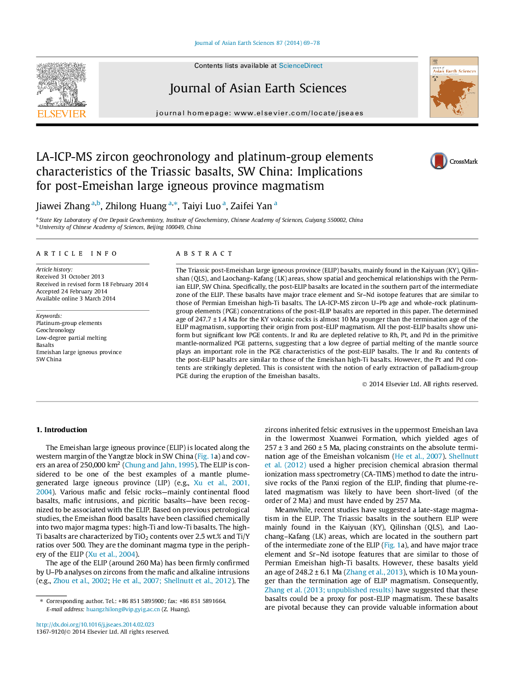 LA-ICP-MS zircon geochronology and platinum-group elements characteristics of the Triassic basalts, SW China: Implications for post-Emeishan large igneous province magmatism