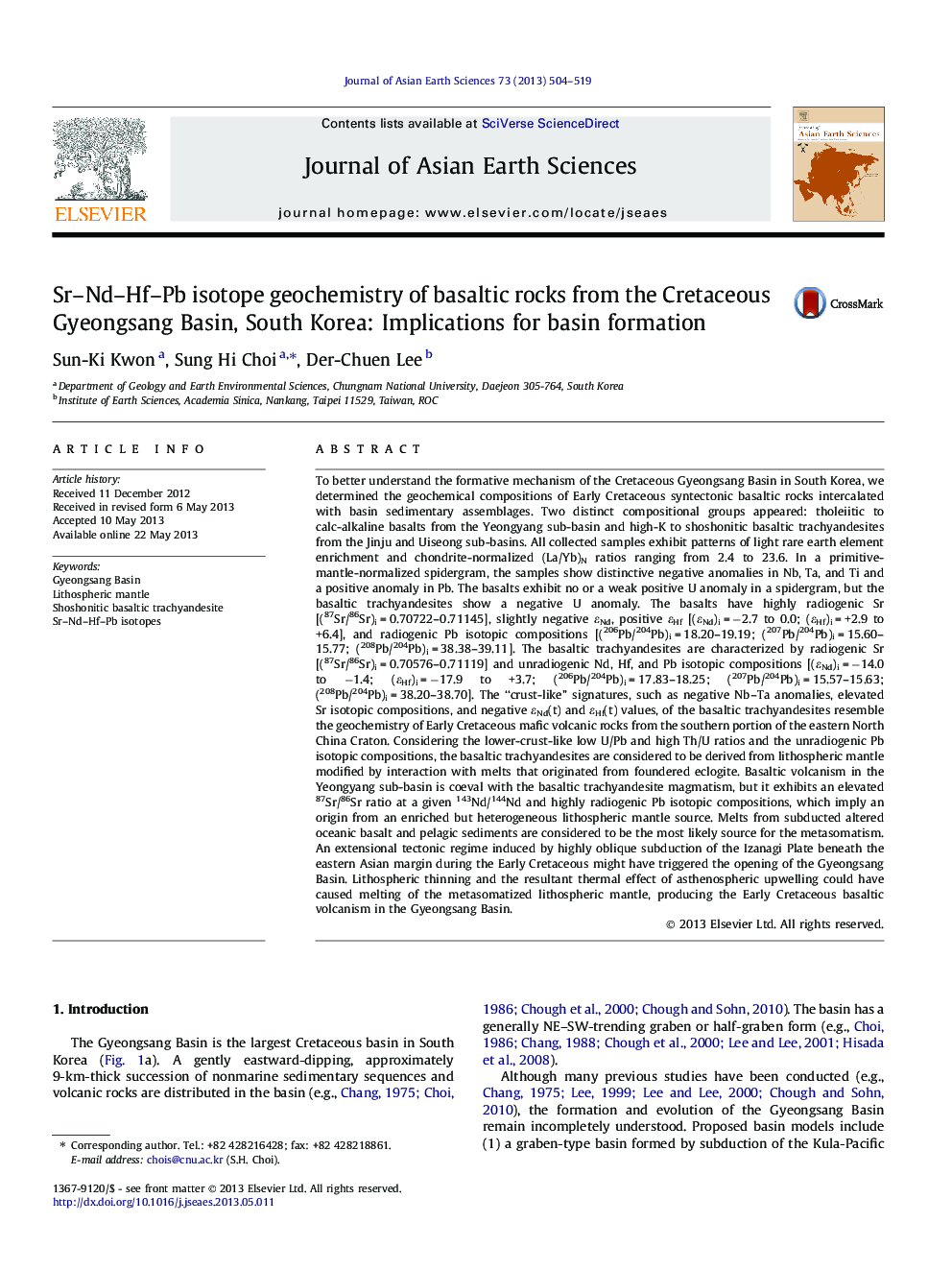 Sr-Nd-Hf-Pb isotope geochemistry of basaltic rocks from the Cretaceous Gyeongsang Basin, South Korea: Implications for basin formation