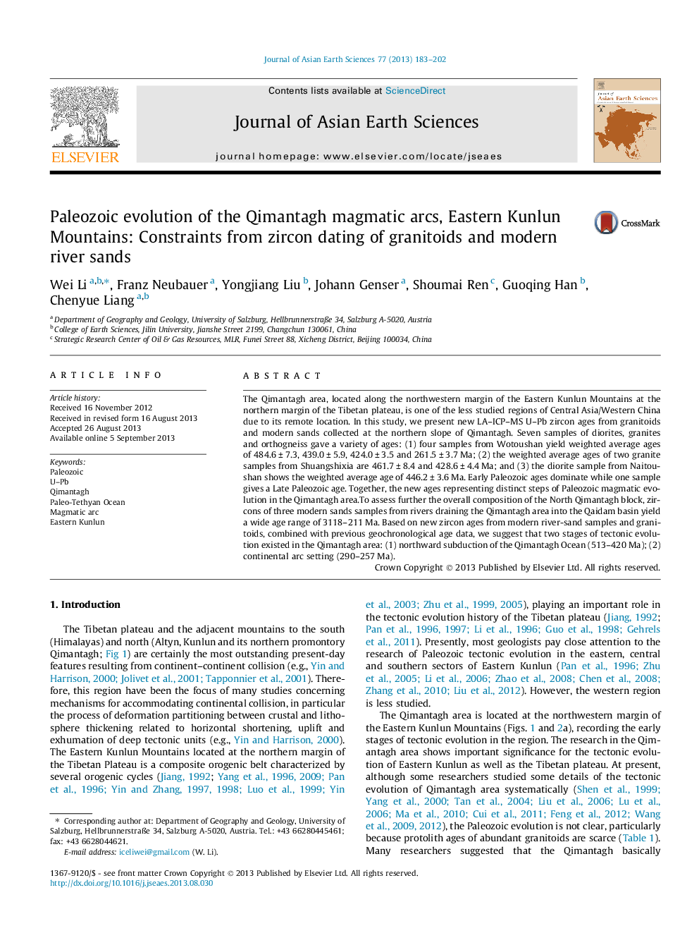 Paleozoic evolution of the Qimantagh magmatic arcs, Eastern Kunlun Mountains: Constraints from zircon dating of granitoids and modern river sands