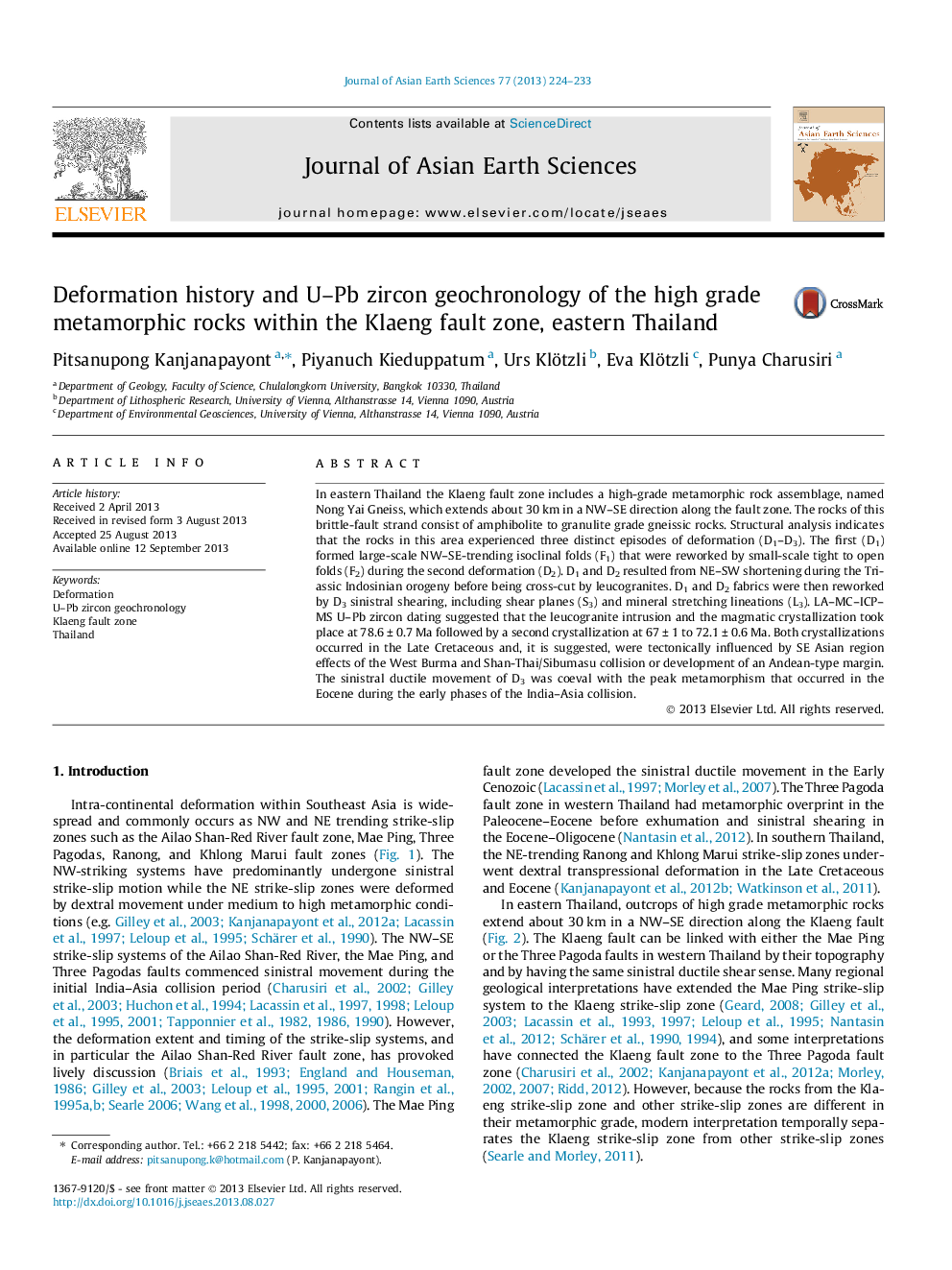 Deformation history and U-Pb zircon geochronology of the high grade metamorphic rocks within the Klaeng fault zone, eastern Thailand