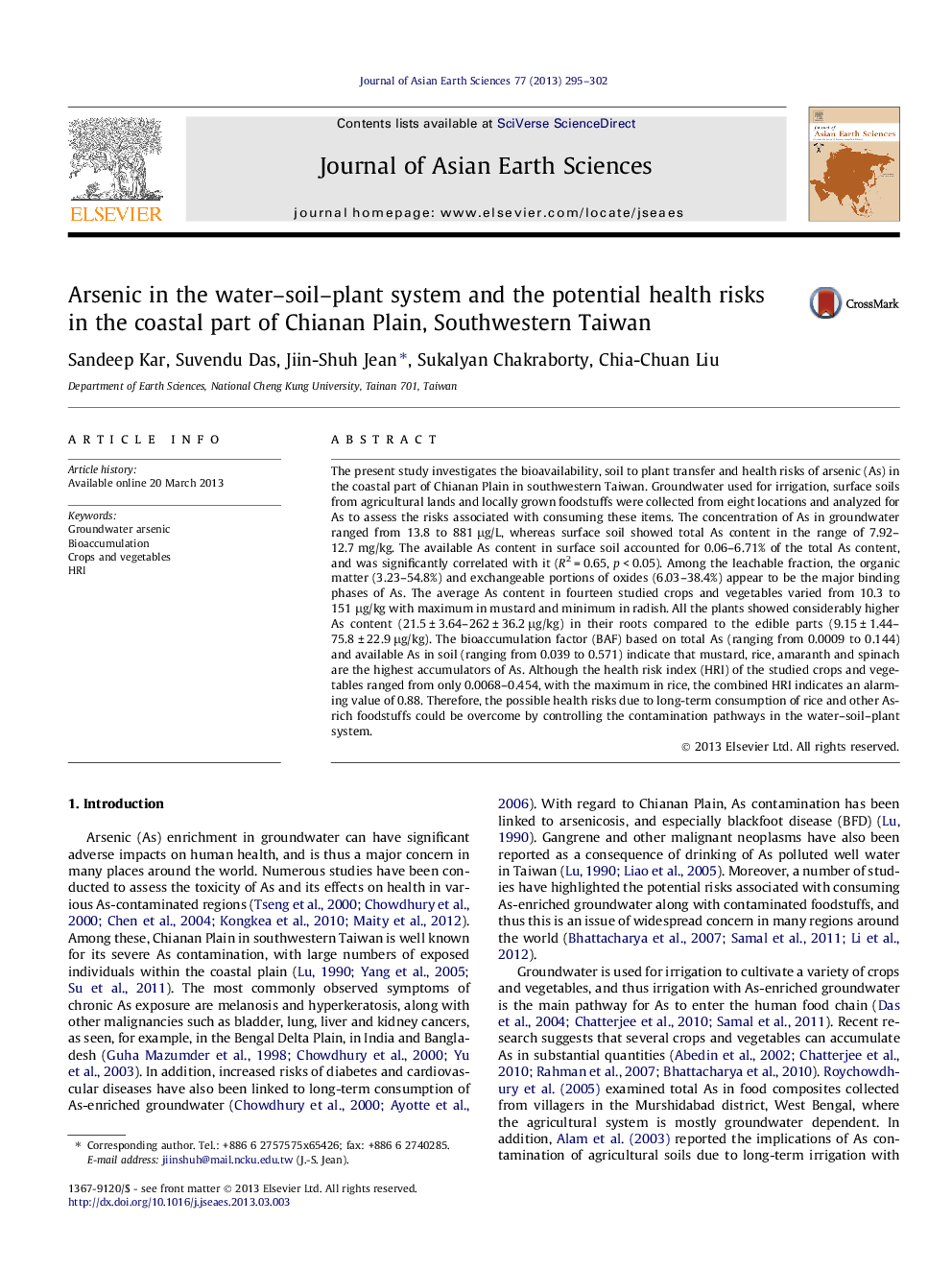 Arsenic in the water-soil-plant system and the potential health risks in the coastal part of Chianan Plain, Southwestern Taiwan