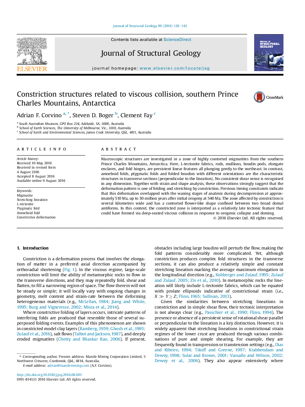 Constriction structures related to viscous collision, southern Prince Charles Mountains, Antarctica